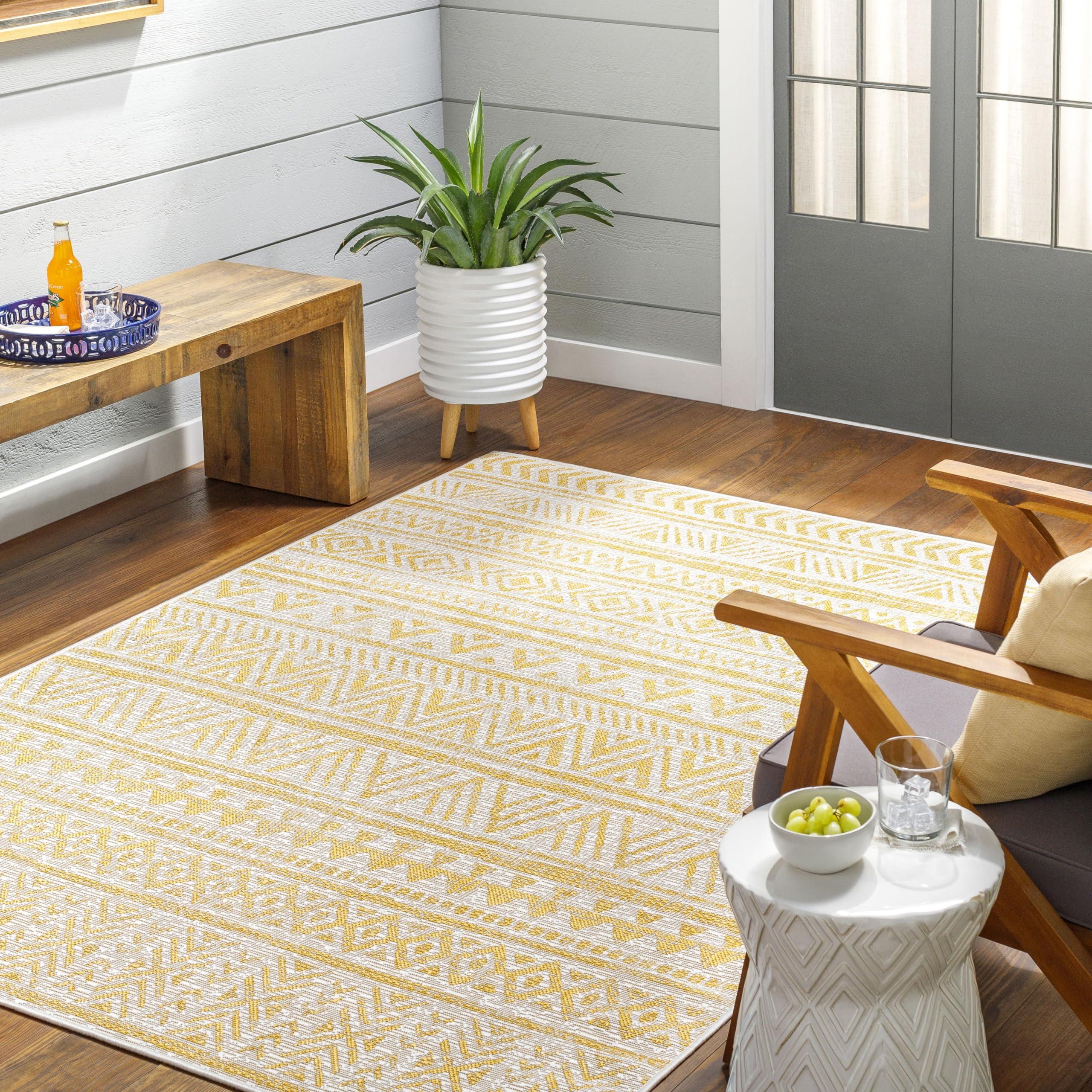 MARK & DAY Mark&Day Outdoor Rugs, 7x7 Goff Global Indoor/Outdoor Saffron Square Area Rug, Non Shedding Yellow Carpet for Patio, Porch, Deck, Bedroom, Living Room or Kitchen (6'7" Square)