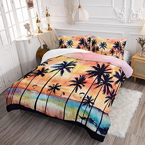 Axolotl Axolotl Beach Ocean Comforter Set Full,Coastal Beach Themed Bedding Set with Palm Trees Parachute for Girls Boys Kids Teens Adults Bedroom Decor,1 Hawaiian Comforter and 2 Pillowcases,Rainbow