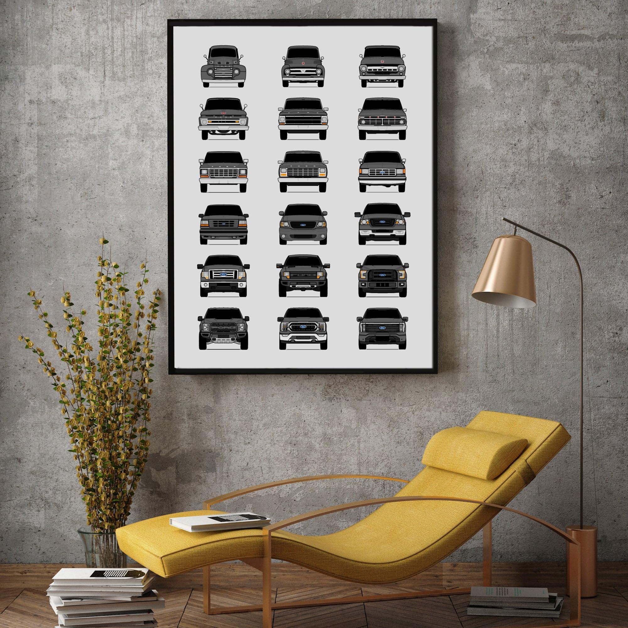Custom Car Posters Custom Car Posters History of Ford F-150 Generations and Handmade Print of F150 (XL XLT SXT FX4 FX2 Limited Lariat Platinum King Ranch) - Grey, 24x36\" Satin Print (Unframed)- Gift