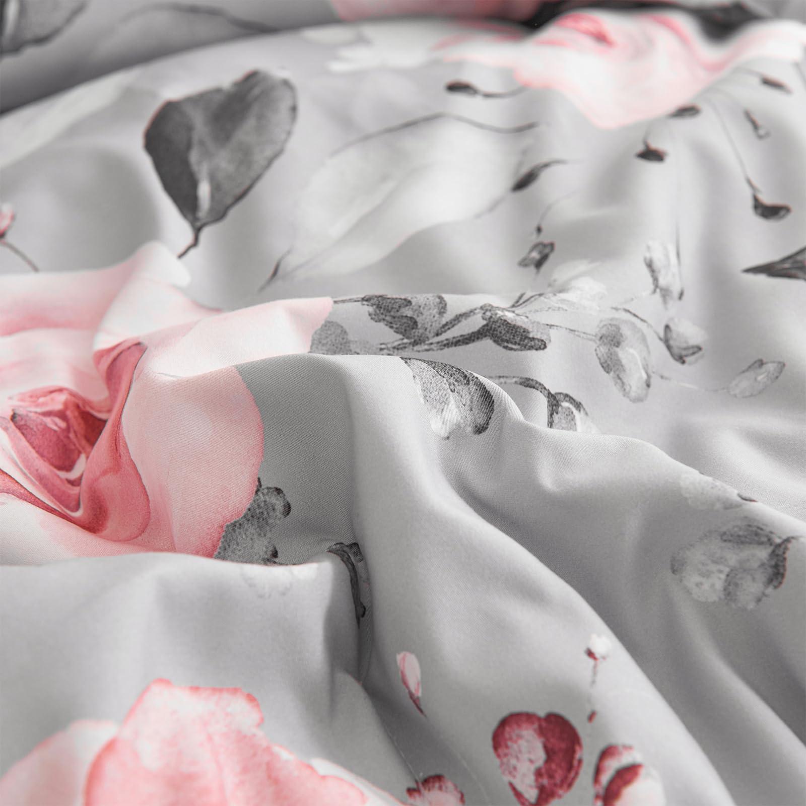 Koniroom Koniroom 3 Pieces Pink and Grey Comforter Set Queen Size, Floral Bedding Sets with Pink Flowers and Leaves Pattern for Women Teen Girls, Reversible All Season Comforter with 2 Pillow Shams