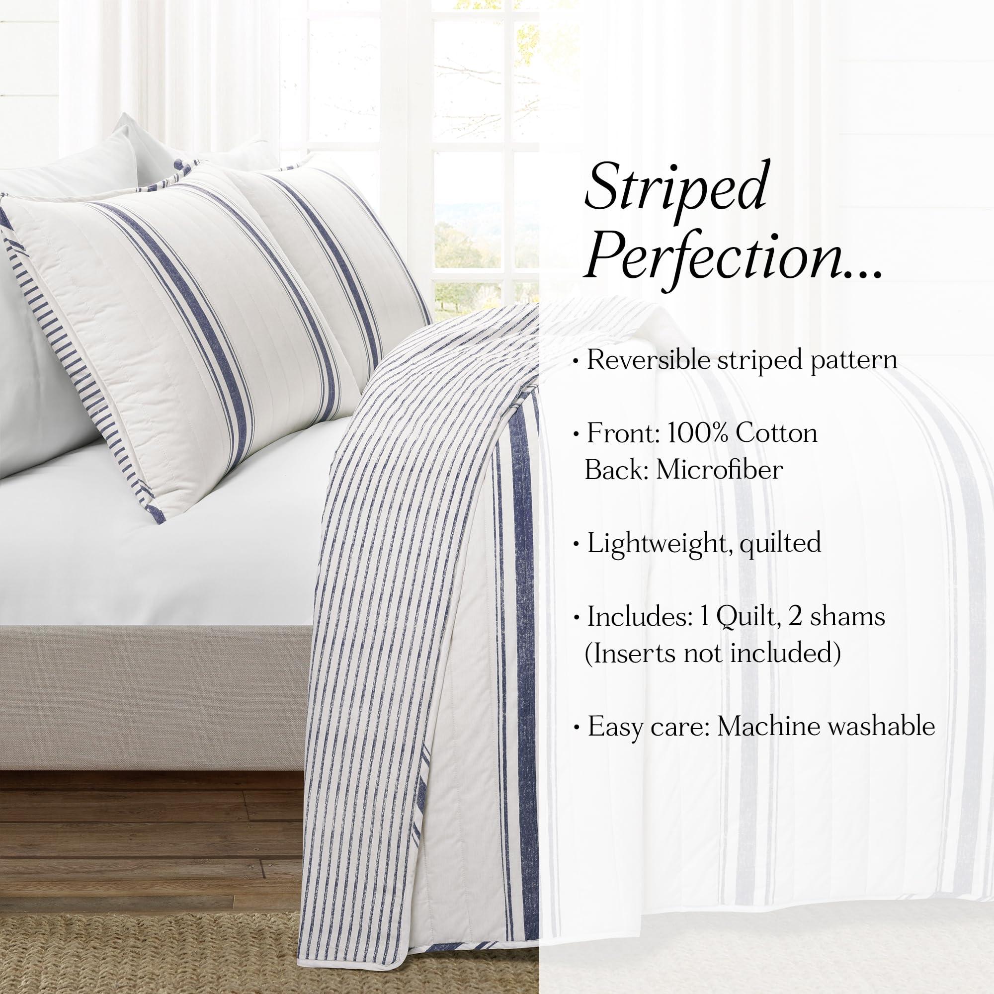 Lush Decor Lush Decor - Quilt Set, Super Soft Cotton Bedding with Matching Shams, Cozy Farmhouse Home Decor (Stripe Reversible Navy, King)