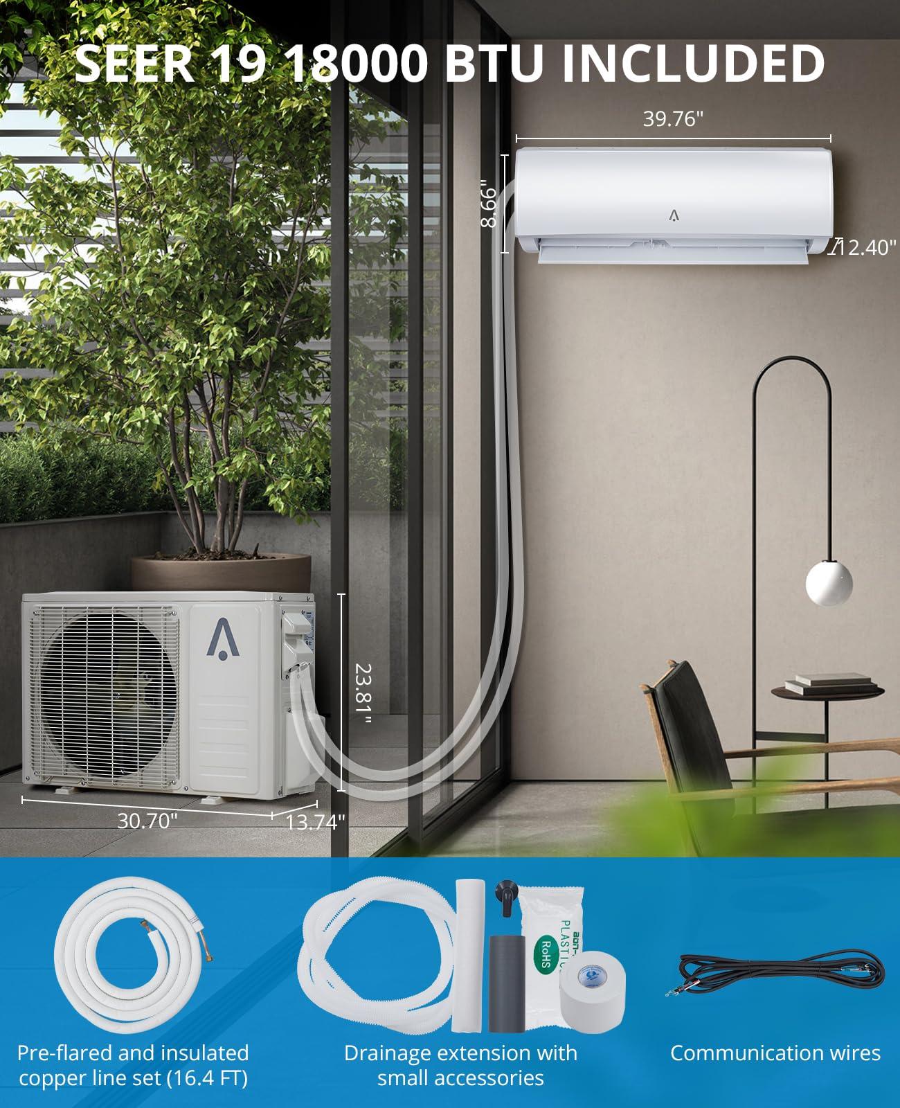 Litake Litake 18,000 BTU Split Air Conditioner, Split AC/Heating System 19 SEER Split-System Air Conditioner Inverter, Cooling up to 1250 Sq.Ft, Wall Mount Ductless Mini Split A/C, Full Installation Kit