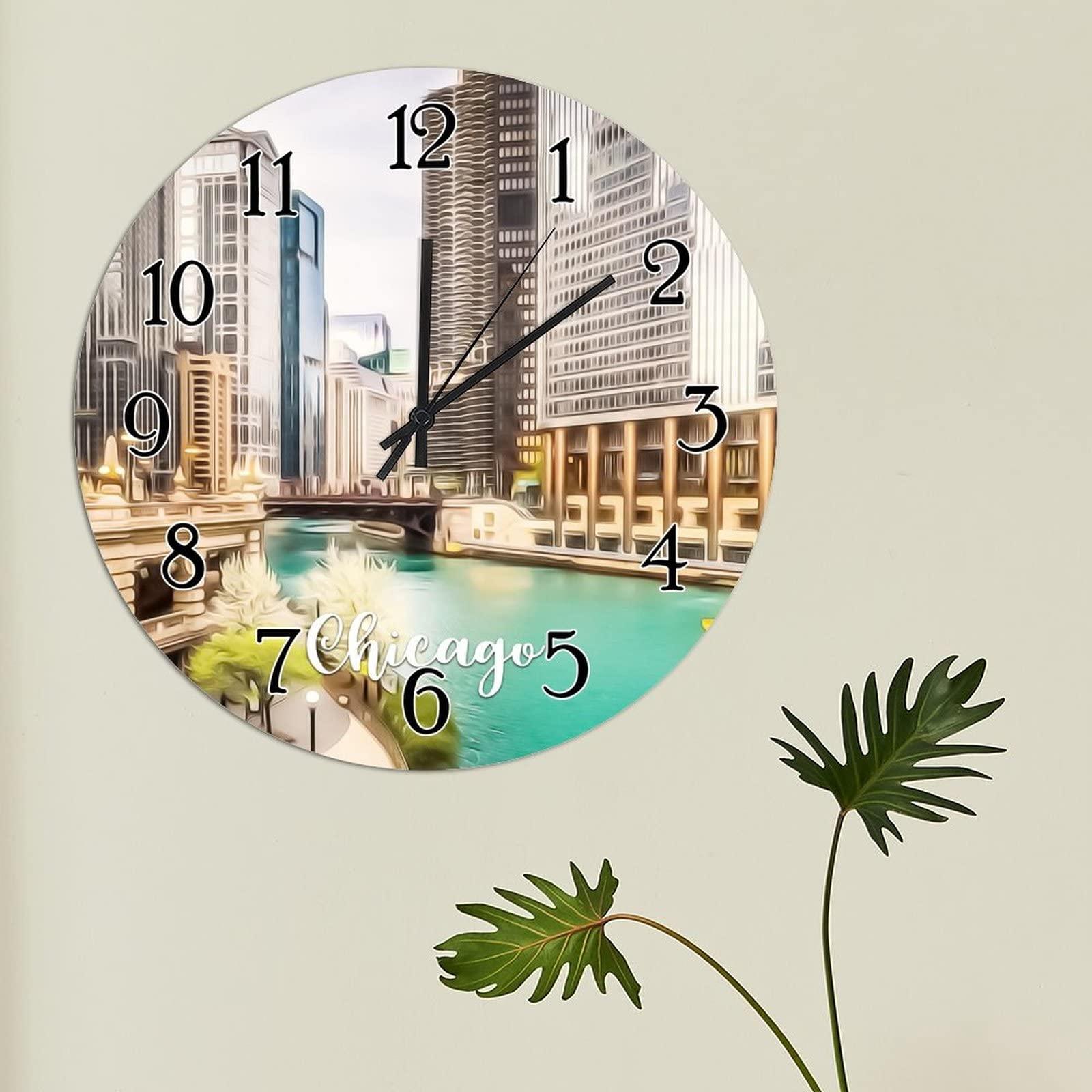 Generic Hanging Wall Clock USA City Chicago Wall Clock Silent Non-Ticking Wall Clocks American Cities in Illinois States Round Clocks City Souvenir Clocks for Home Office 15inch