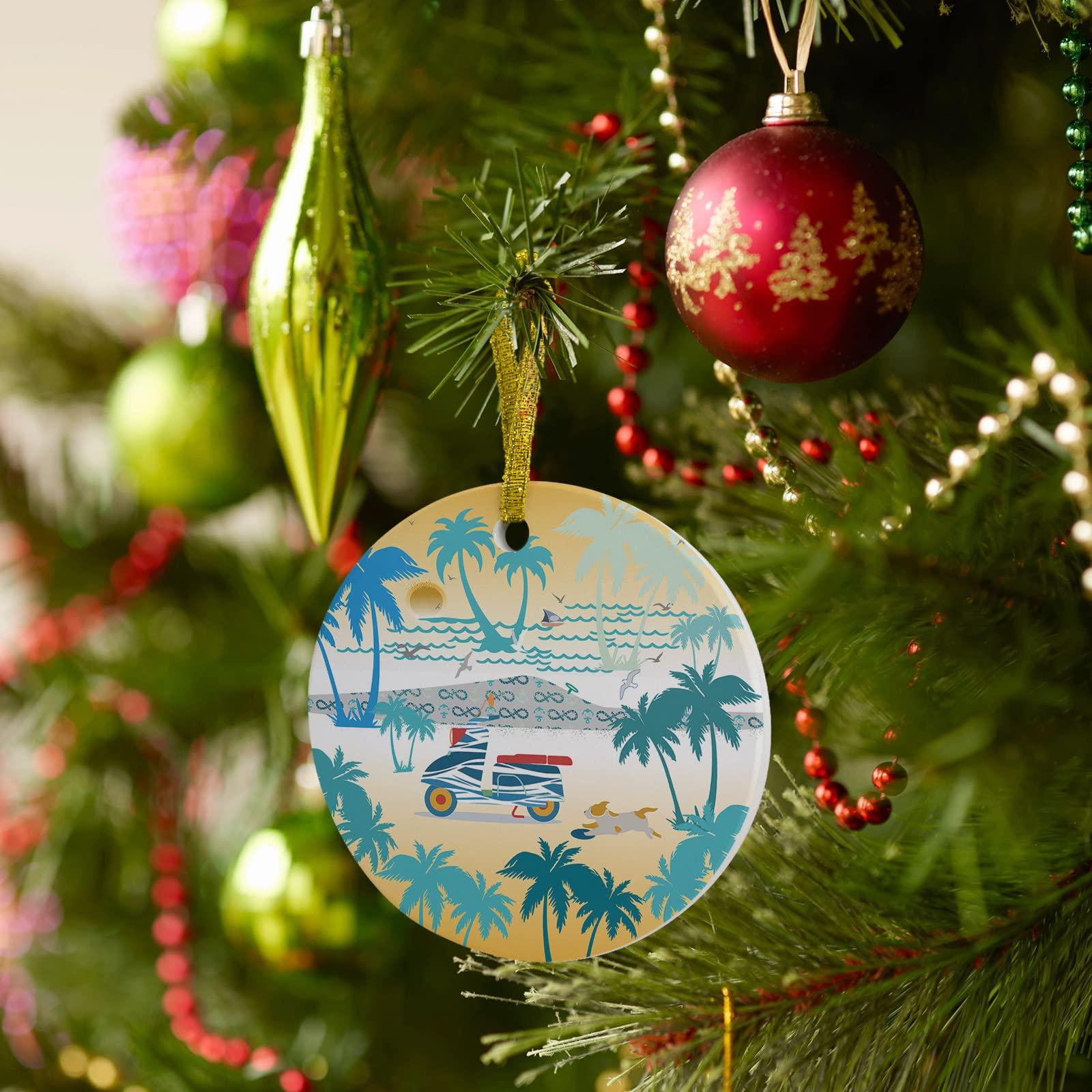 LEOSUCRE 2022 Christmas Ornaments Xmas Tree Hanging Ornaments, Beach Scenery Ornaments Gift for Friend Family Holiday Palm Tree Motorcycles Sunset Hanging Christmas Tree Ornaments Decor Round 3\"