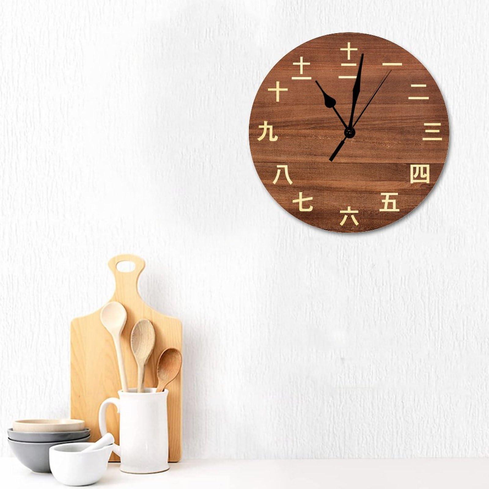 UanMere UanMere Vintage Kanji Numbers Wall Clock Numbers Chinese Calligraphy Wooden Clock Bedroom Quartz Wooden Round Wall Clocks Silent Wall Clock 12 inch Rustic Clock for Housewarming Gift School Wall
