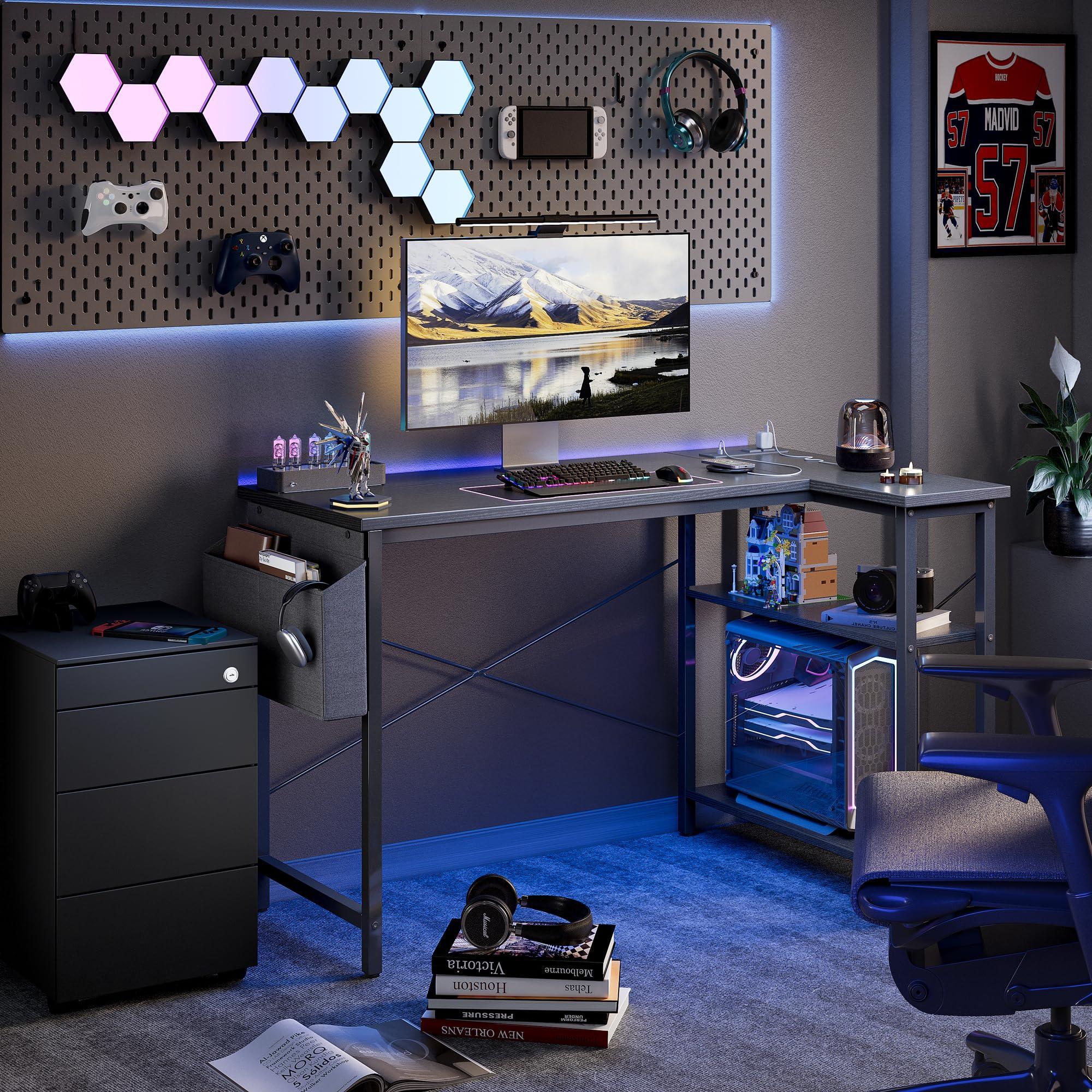 TIQLAB TIQLAB L Shaped Computer Desk with Power Outlets, 55 Inch Small Corner Desk with Reversible Shelves, Gaming Desk Computer Table Study Writing Table for Home Office Bedroom Small Space, Black