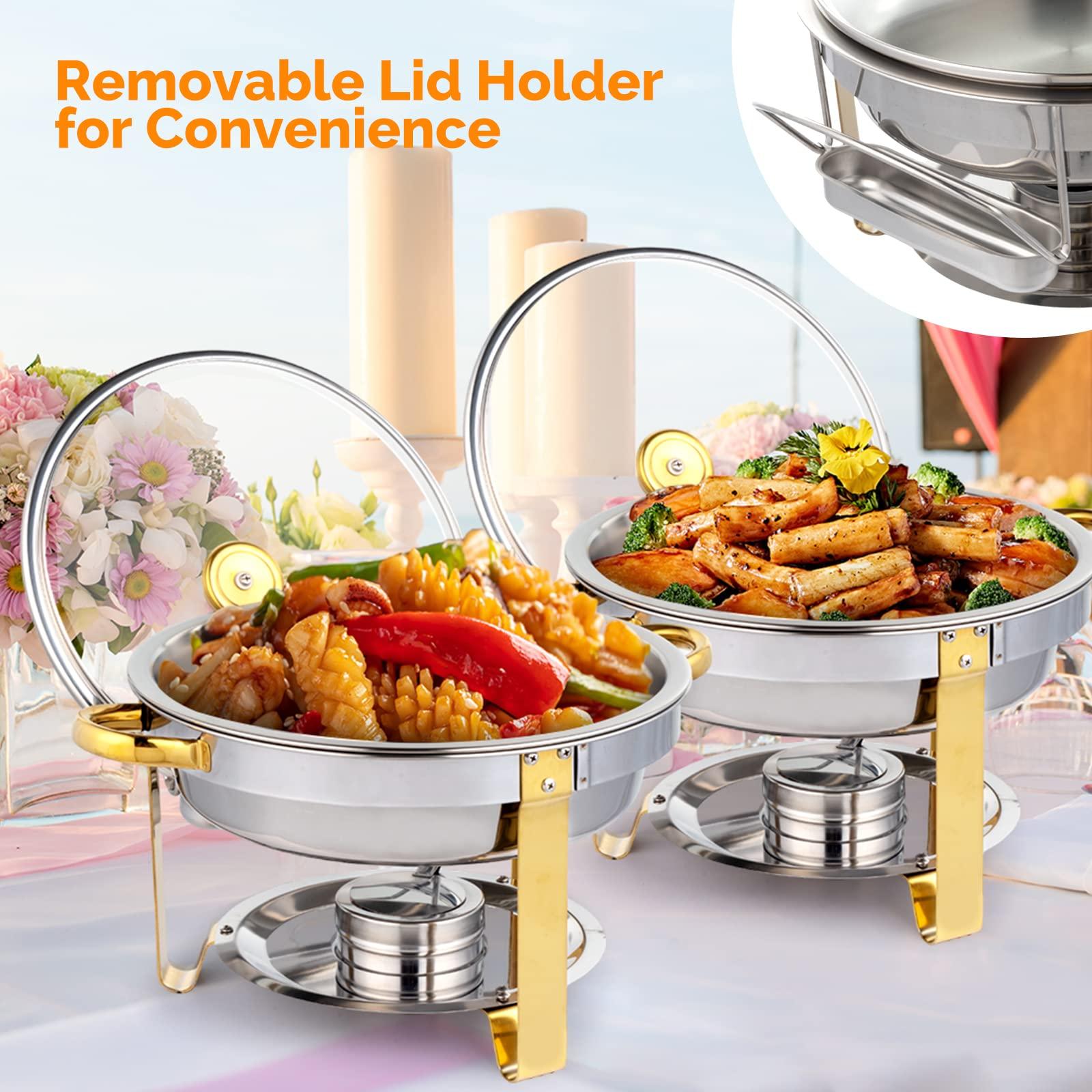 ROVSUN ROVSUN 5QT 6 Packs Chafing Dish Buffet Set Gold Accent, Round NSF Stainless Steel Buffet Warmer Chafers and Buffet Warmers Sets with Glass Lid & Lid Holder for Catering Events Parties Weddings Dinners