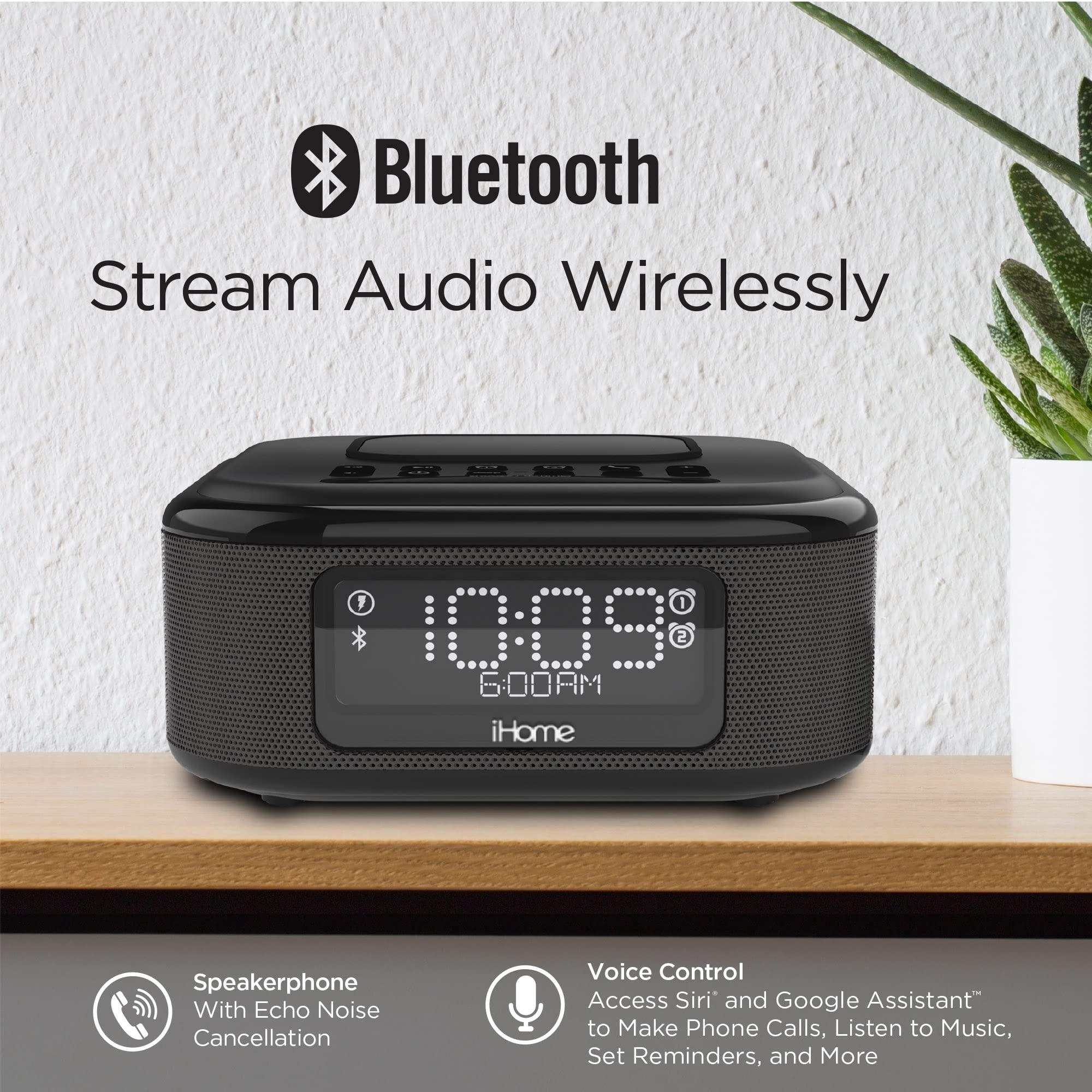 iHome iHome Alarm Clock with Wireless Charging, Bluetooth Speaker, and USB Charger, Digital Clock for Bedroom, Office, or Dorm (IBTW23B8)