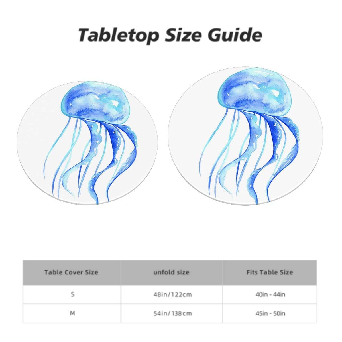 OOzie Blue Tablecloth Toppers for Round Tables Jellyfish Exotic Sea Ocean Animals Watercolor Soft-Touch Fitted Table Cloth, Waterproof Oil-Proof Table Cover Nautical Fits up 40\"-44\" Diameter Tables