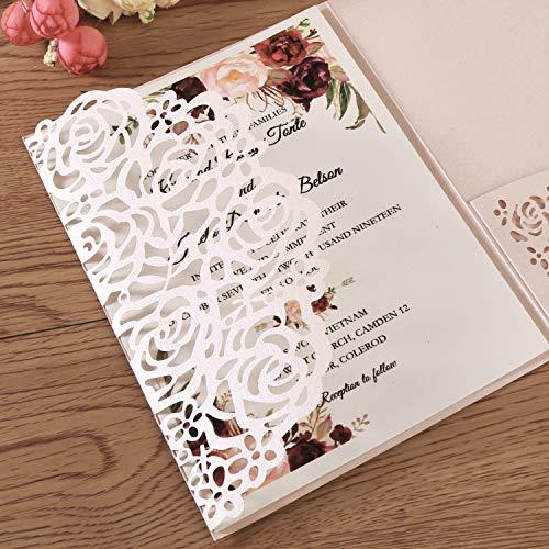 KUCHYNEE KUCHYNEE 5.1x7.1 Inch 20PCS Blush Pink Blank Wedding Invitation Kits Laser Cut Hollow Rose Pocket Wedding Invitations with Envelopes For Wedding Quincenera Engagement Invite