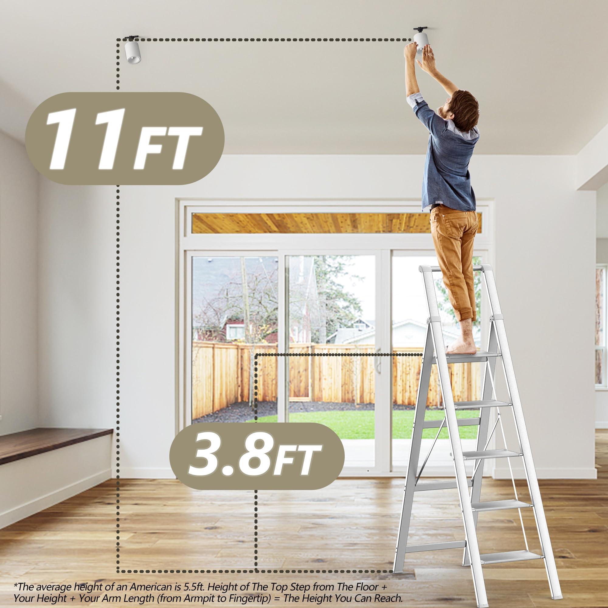 Soladder SOLADDER 5 Step Ladder, Folding Step Stool, White Foldable Ladder for 10 Foot High Ceiling with Anti-Slip Wide Sturdy Pedal and Handgrip, Multi-Use for Home (300 lbs Capacity)