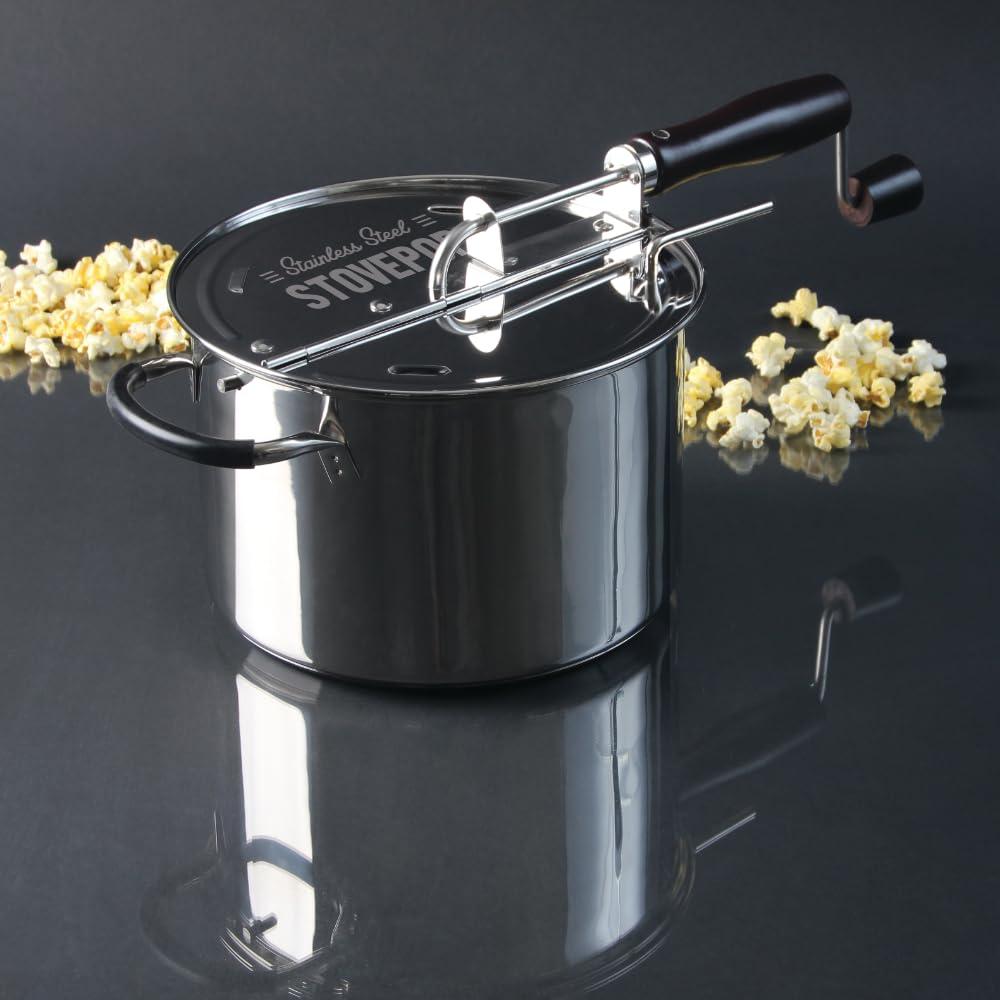 TIME FOR TREATS StovePop Stainless Steel Popcorn Popper - Gearless Hand Crank, Magnetic Lid, 6 Qt - Induction Range Compatible