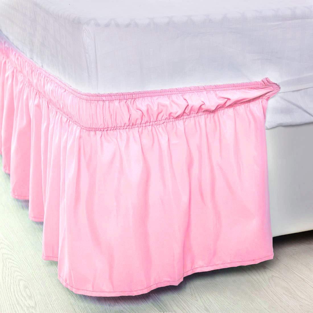 Versatile Bedding Bed Skirt - Wrap Around Bed Skirts Elastic Dust Ruffles, Easy Fit Wrinkle and Fade Resistant Luxurious Fabric Solid Color, Pink Queen XL Size Beds 15 Inch Drop