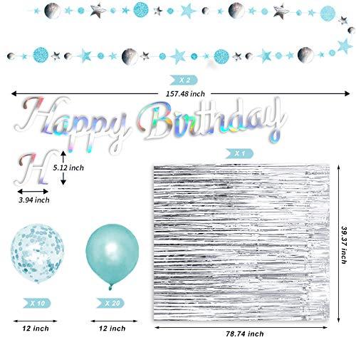 Irichna Turquoise Birthday Party Decoration - Sliver Happy Birthday Banner, Blue Glitter Circle Dot Garland Streamer, Sliver Fringe Curtain, Blue and Sequins Balloons, for Women and Men Birthday Party