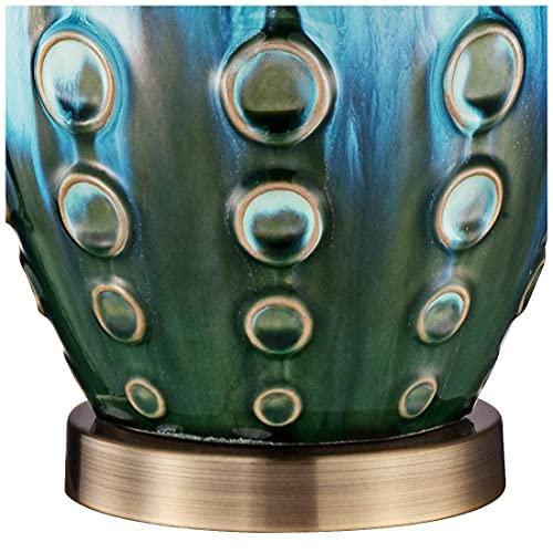 360 Lighting 360 Lighting Mid Century Modern Vase-Shaped Table Lamp 26.5" High Textured Glaze Teal Green Hand-Made Ceramic Tan Linen Drum Shade for Living Room Bedroom House Bedside Home (Color May Vary)