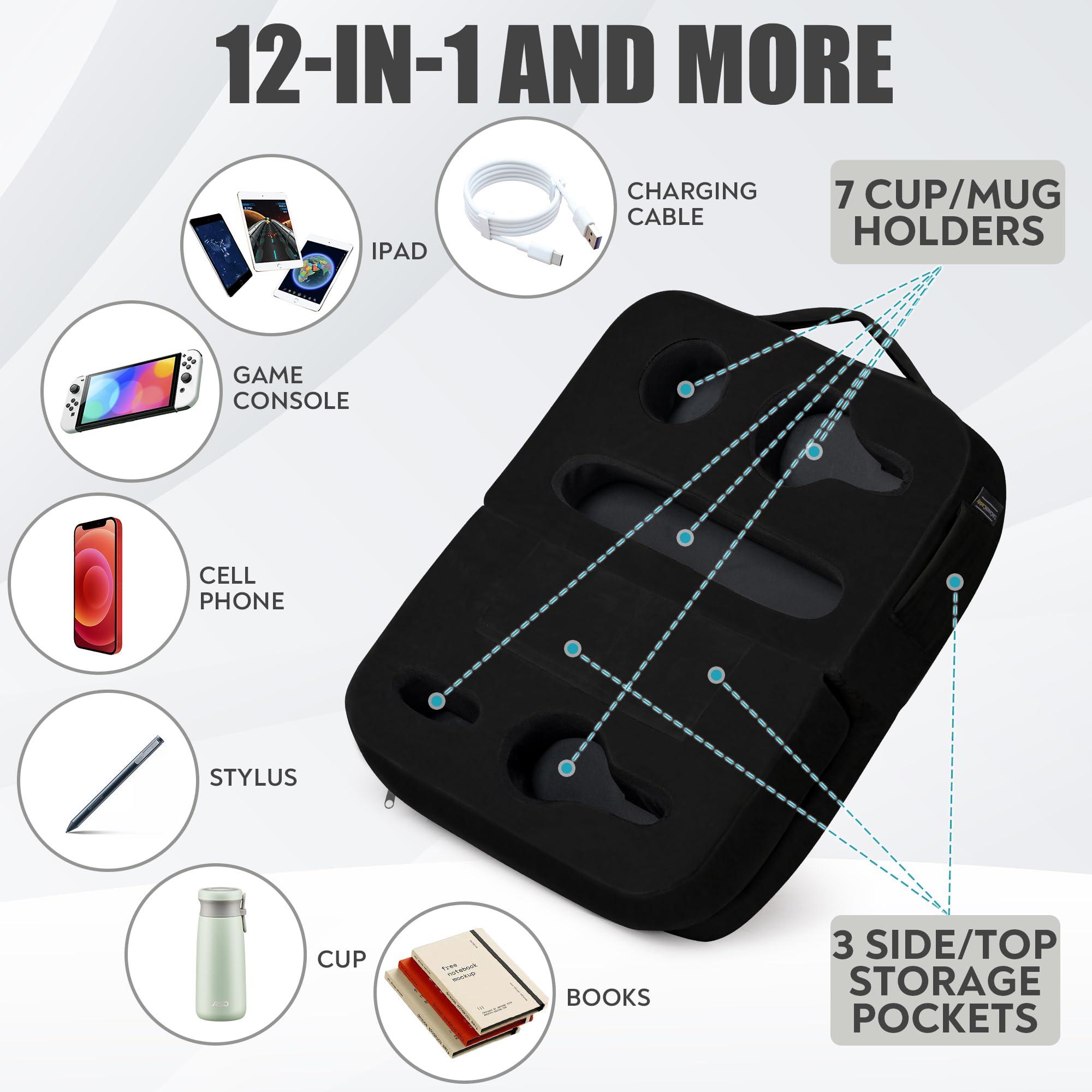 TabCouchCaddy TabCouchCaddy - Couch Cup Holder Tray Pillow - Bed, Couch Caddy, Sofa, RV & Car - Holds Drinks, Snacks, Remotes, Phones, Kindle, Tablet | Bed Cup Holder (Black)