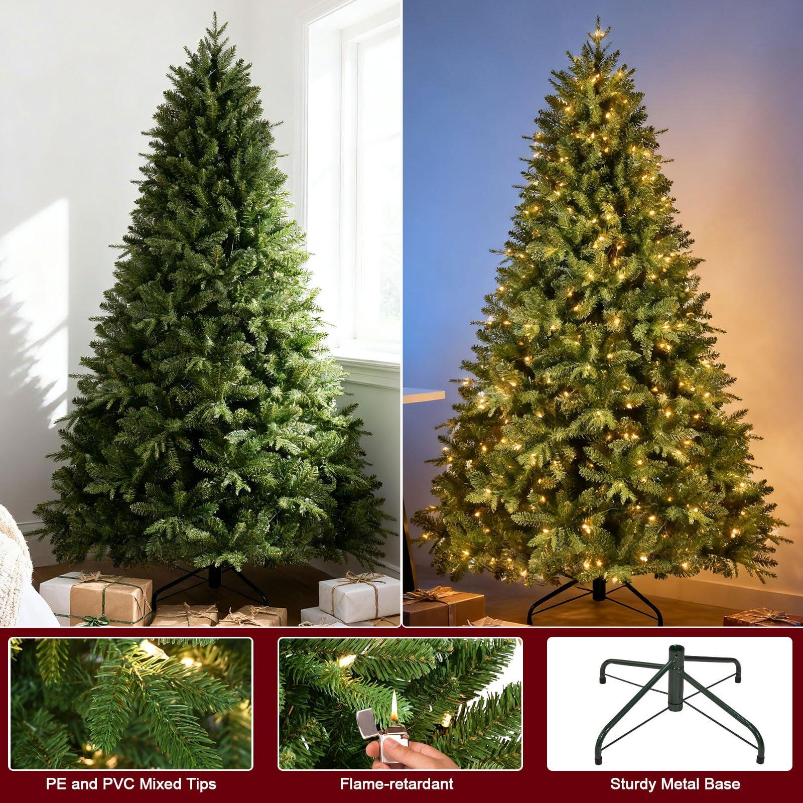 Treepool Treepool 9FT Pre-Lit Artificial Christmas Tree with 3658 PE&PVC Mixed Branch Tips, 850 Warm White Lights, Hinged Premium Spruce Fake Xmas Trees, Green, Foldable Base