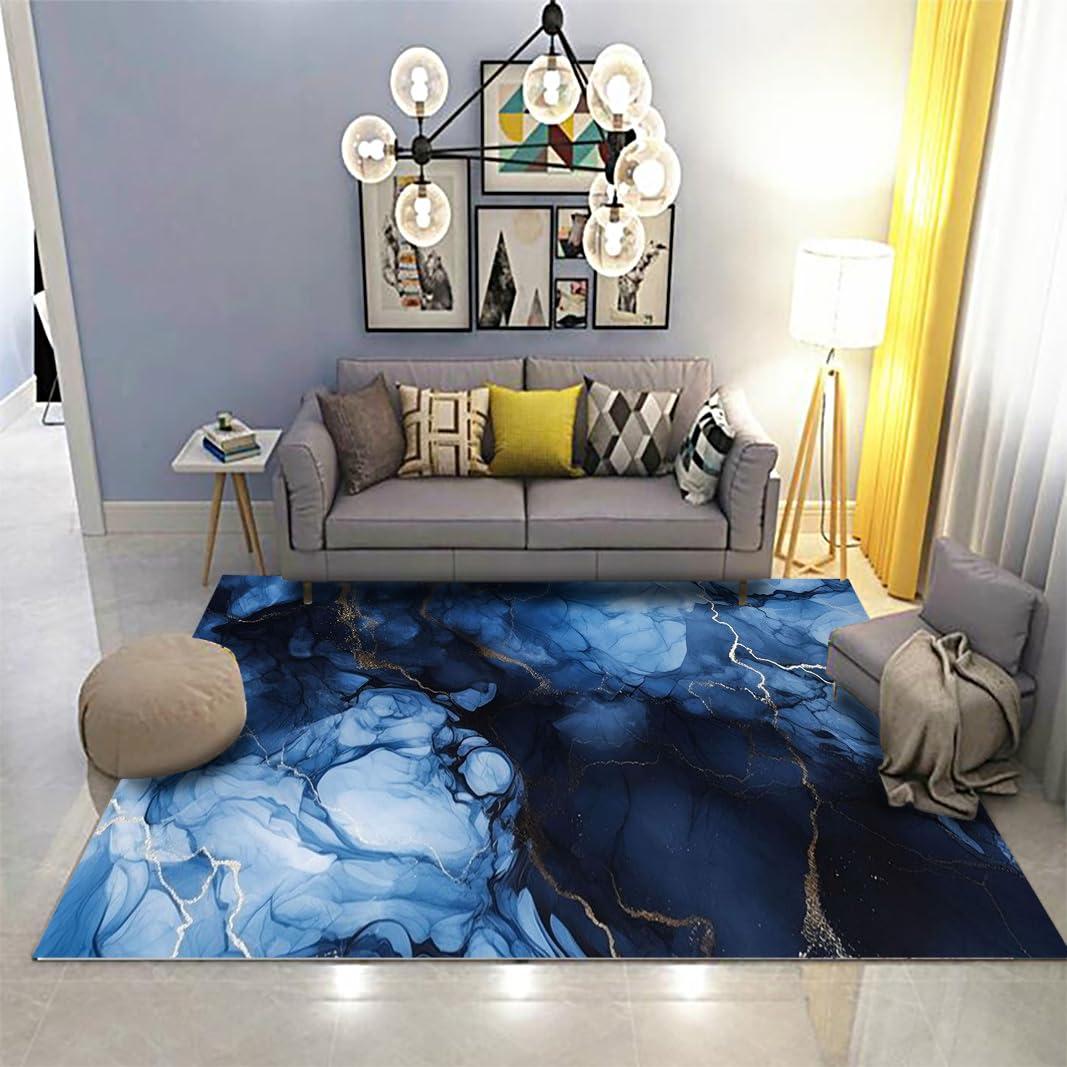 PDENZG Navy Blue Marble Area Rug, 5x6ft, Marble Gold Gilt RugTie-Dye Liquid Abstract Art Bedroom Decoration Carpetfor Living Room Bedroom Washable Soft and Non-Slip Dining Rug