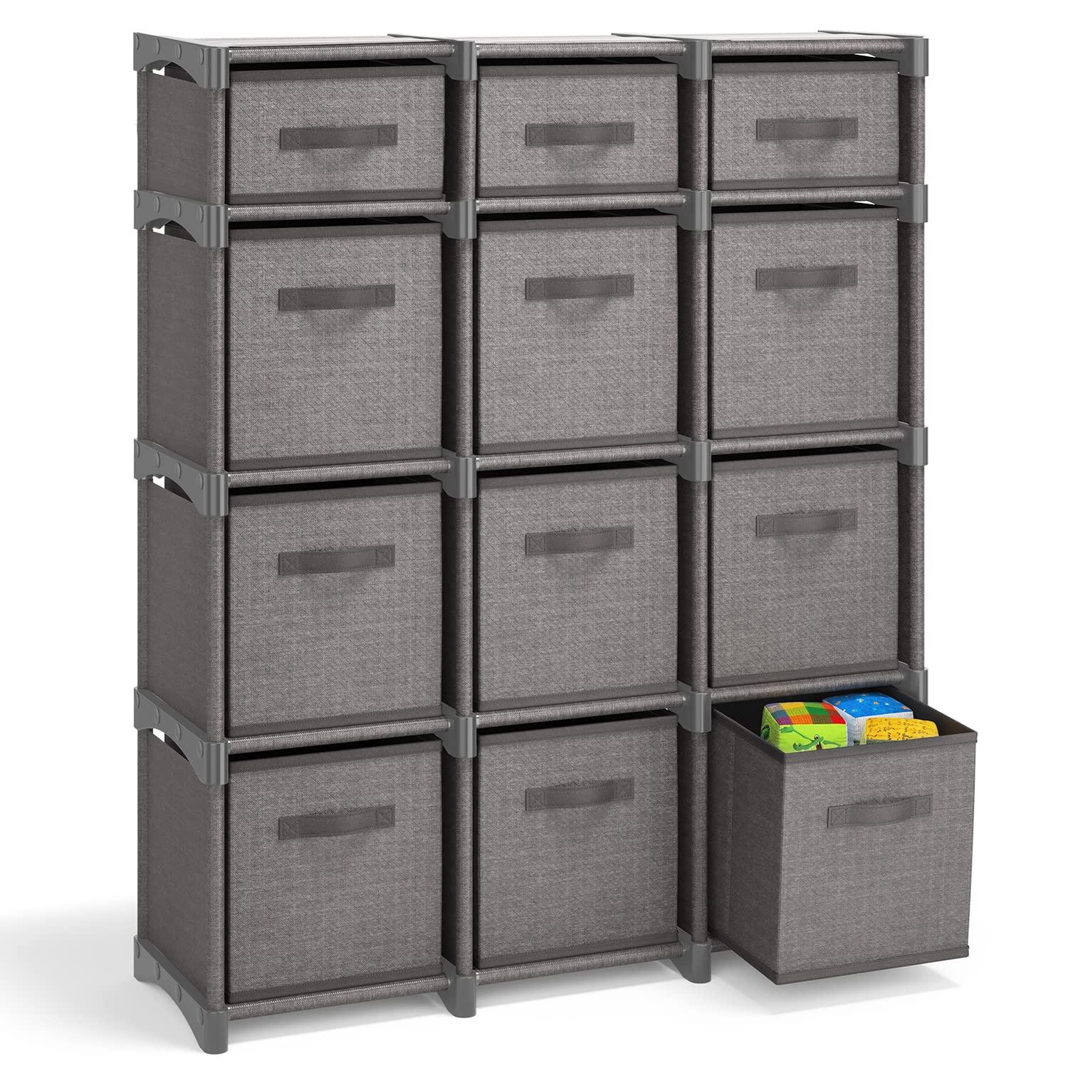 Nestl 12 Cube Storage Organizer - Gray Cube Organizer Shelf, DIY Storage Cubes Organizer Shelves with Fabric Storage Cubes, Sturdy Cubbies Storage Shelves, Cube Storage Shelf for Bedroom, Playroom and More