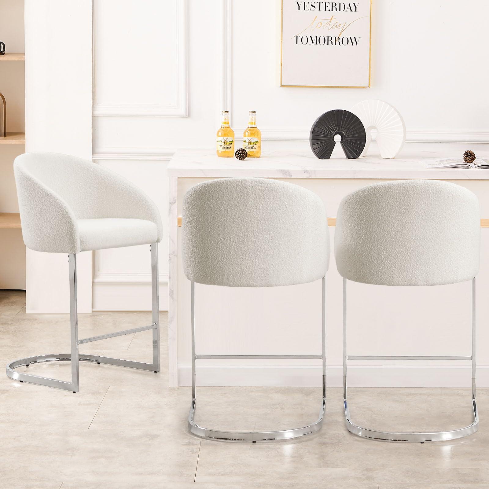 RveLife RveLife Counter Height Bar Stools Set of 2, 26" Seat Height Modern Counter Stools with Barrel Back and Arms, Chrome U-Shaped Base, Boucle Fabric Upholstered Bar Chairs for Kitchen Island, White