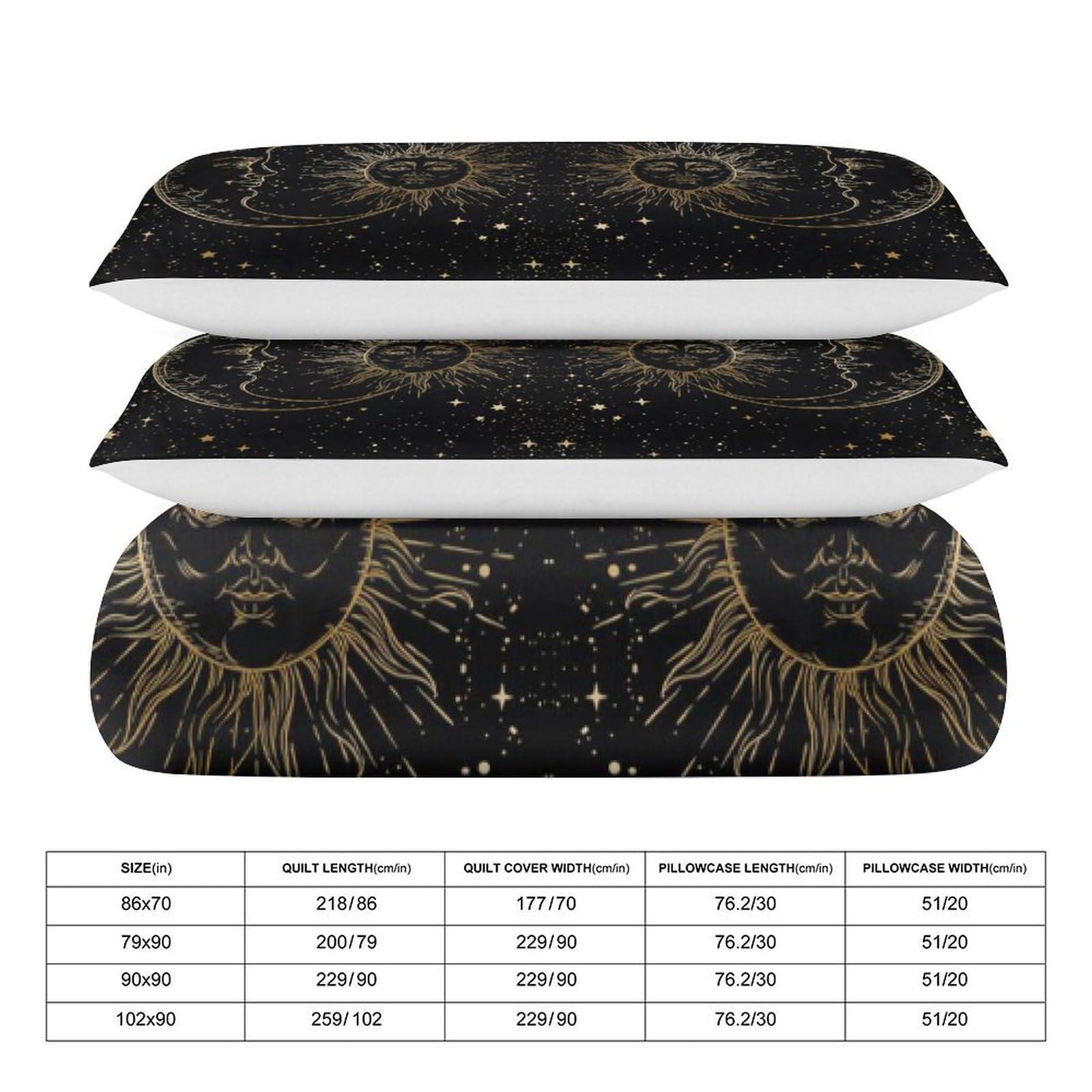 LITINGZHILONG LITINGZHILONG Sun Moon Black Gold Bed 3-Piece Set, Bohemian Retro Style Personality Room Bed Decoration Quilt Cover, Mandura Theme Moon and Sun Bed 3-Piece Set 1 Quilt Set 2 Pillow Cases 86\"x70\"