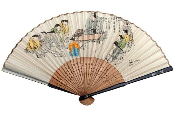 Generic OJukSeon Kim Hong-do\'s Genre Painting \'Village School\' Korean Traditional Fan.Made of Traditional Korean Paper