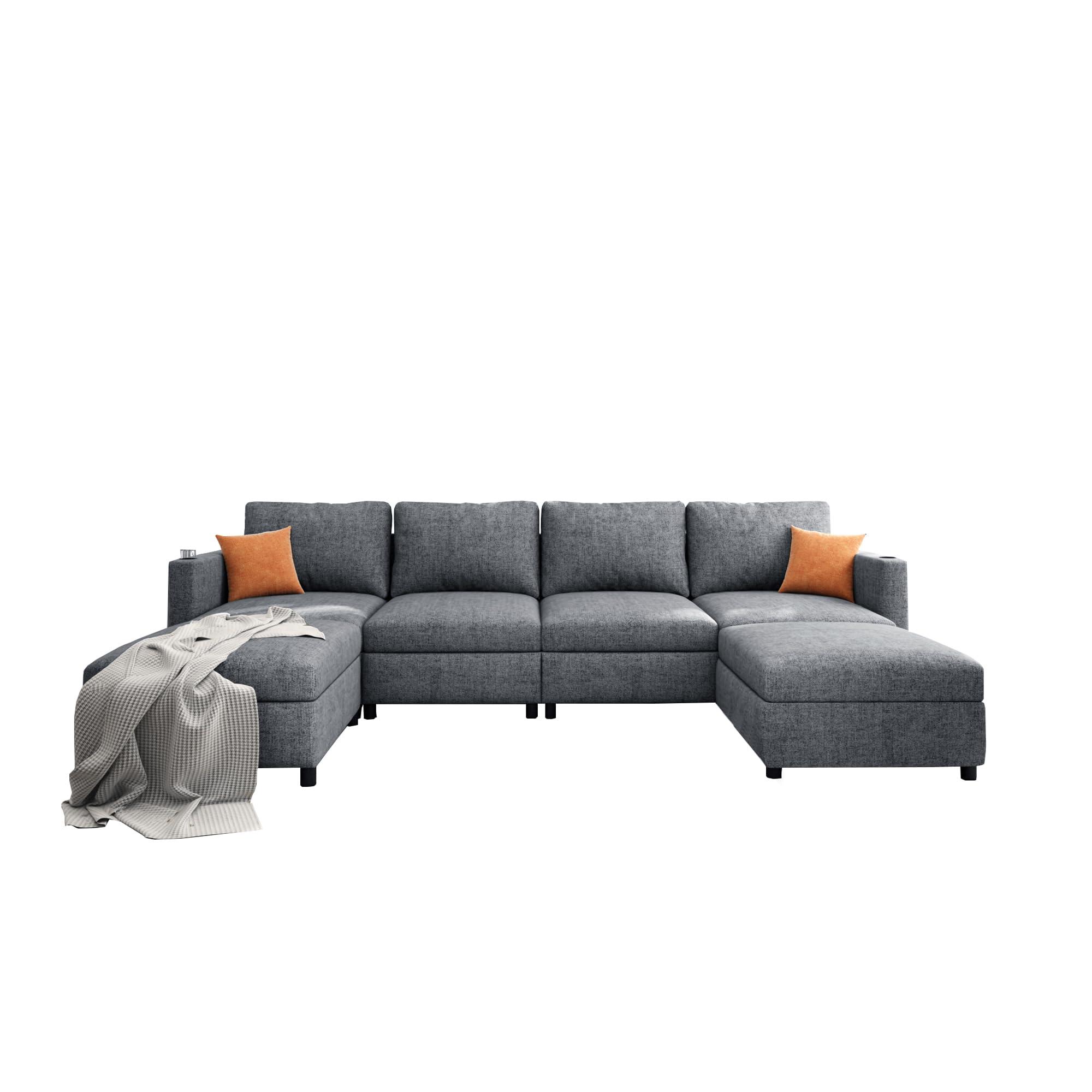 DEINPPA DEINPPA U-Shape Modular Sectional Couch with Storage Compartment, 6-Seat Sectional Sofa Couch with Ottoman, Sleeper Sectional Couch for Living Room Chenille Fabric-Grey