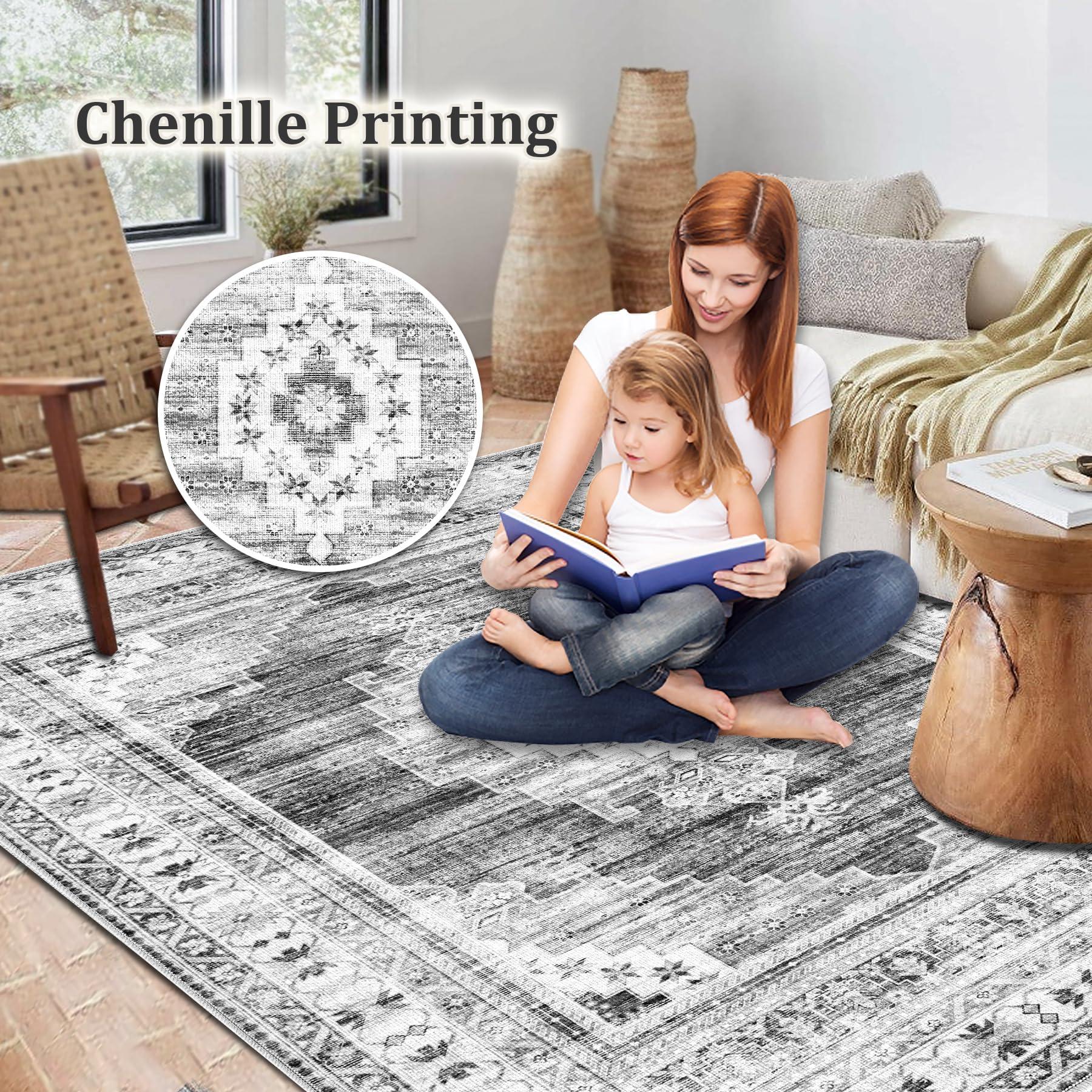 Zomfy Boho Area Rug 9x12 Large Rug: Washable Non-Slip Rugs Chenille Print Rug Soft Low-Pile Indoor Vintage Carpet for Living Room Bedroom Dining Table Kitchen Home Office(Grey, 9'x12')