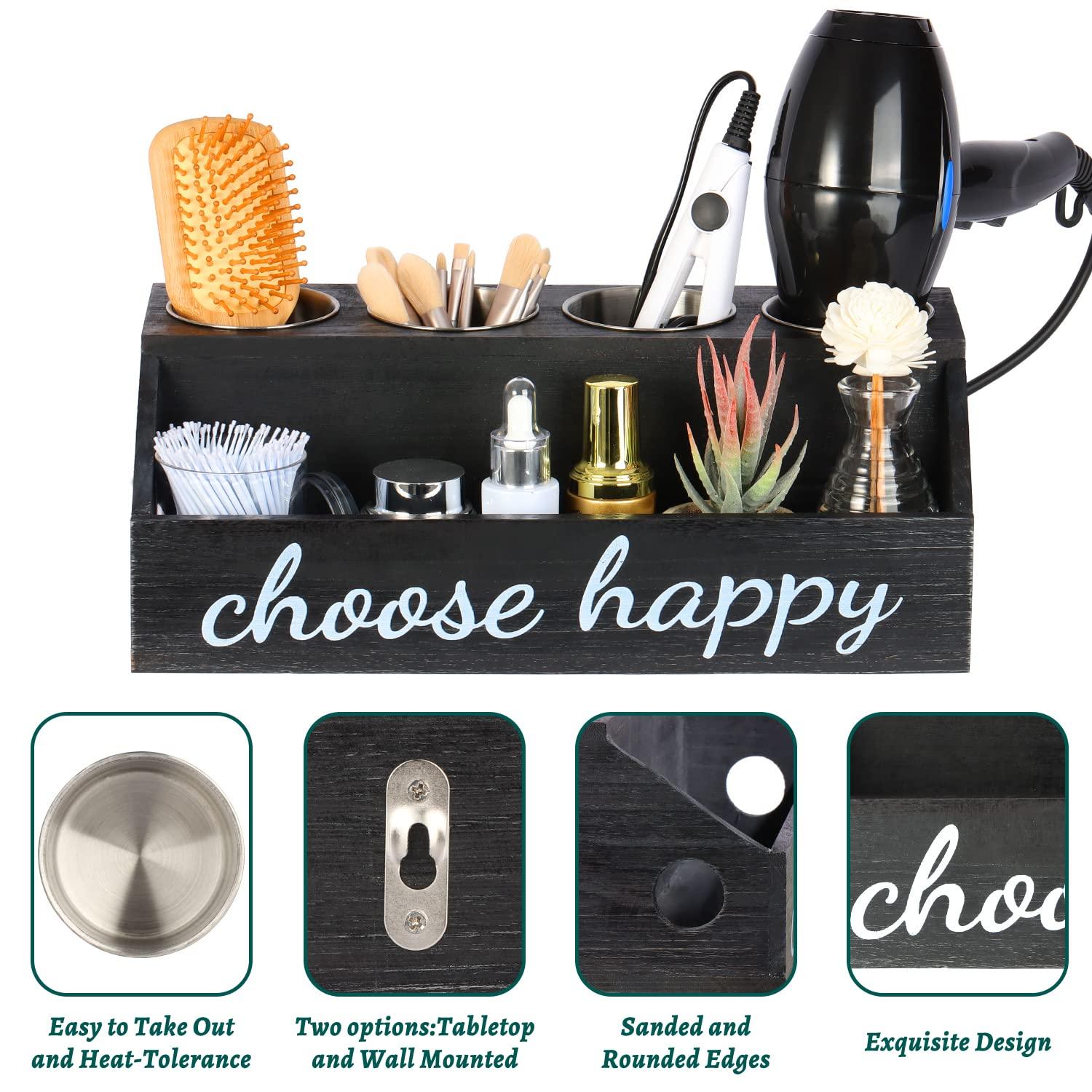 PHUNTTEK Hair Tool Organizer, 5 Compartments Hair Dryer Holder Wall Mounted/Countertop Rustic Black Wood Bathroom Organizer Blow Dryer Holder Hot Hair Tools Curling Iron Holder Vanity Cabinet Storage Stand