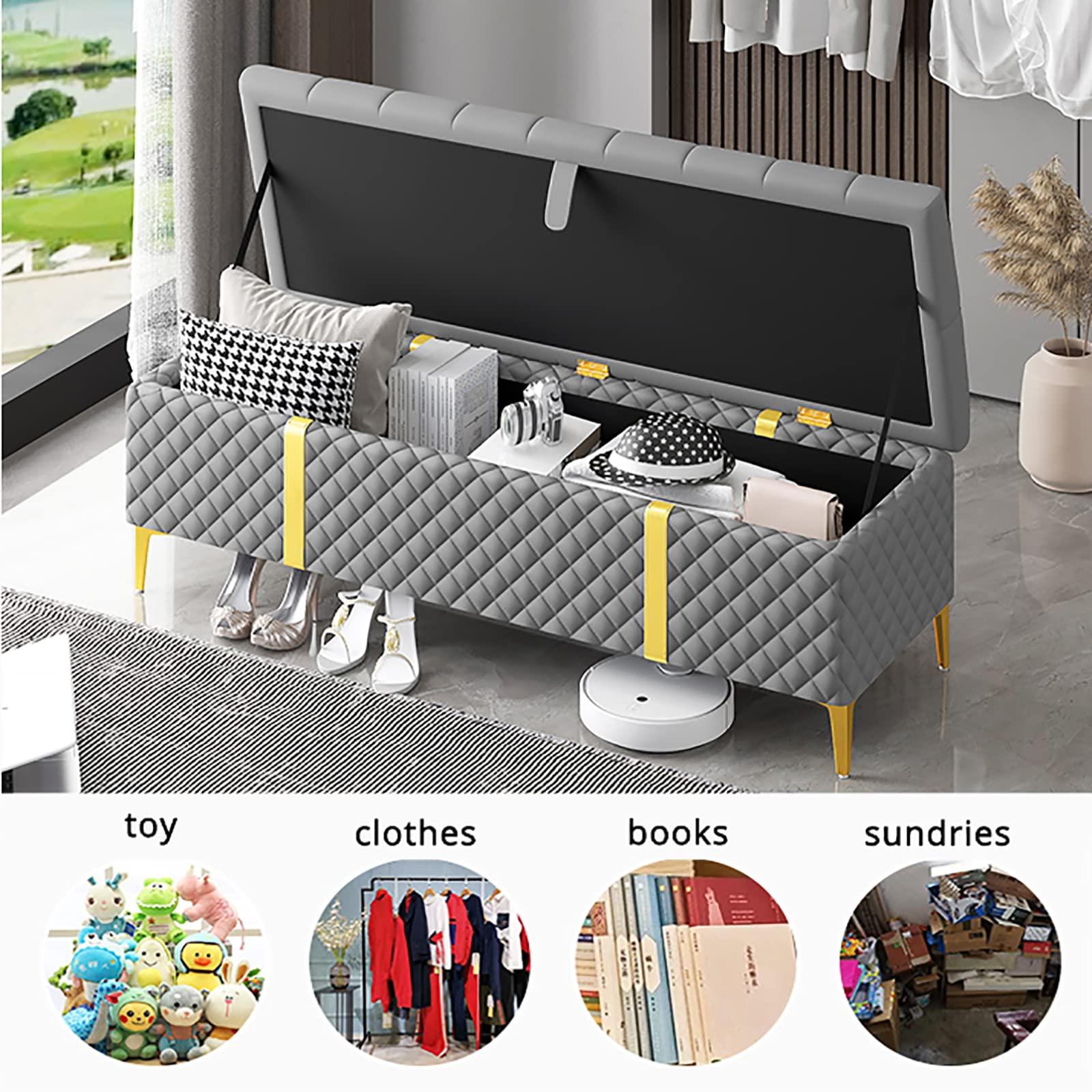 MCLAYF Storage Bench,Luxurious Storage Bench End of Bed Bench,Leather Upholstered Bench with Storage,Modern Storage Benches Bedroom Bench Storage Chest-Beige 100x40x45cm(39x16x18inch)