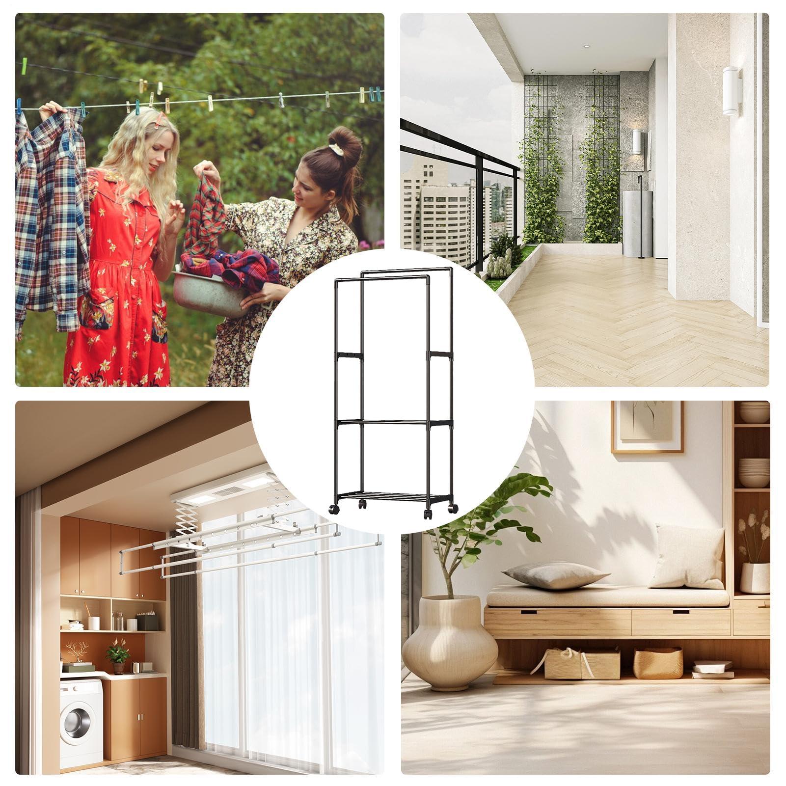 Libaroud Double Rods Clothing Rack with Wheels, Rolling Hanging Clothes Rack, Multi-functional Bedroom Clothes Rack for Bedroom, Living Room, Clothing Store