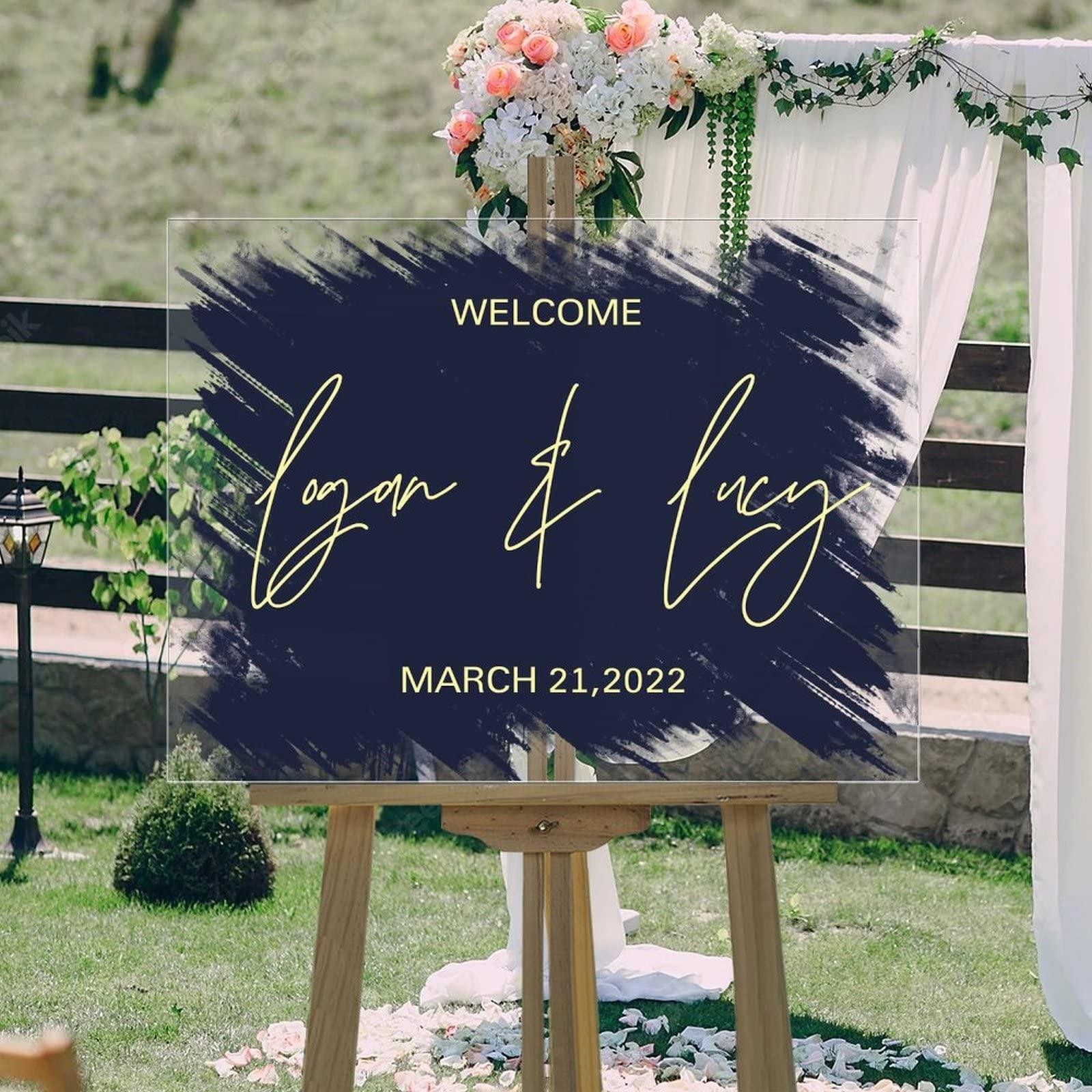 Generic And So Adventure Begins Personalized Welcome Wedding Sign Navy Blue Back Paint Gold Art Font Wedding Ceremony Sign Modern Acrylic Reception Decorations Party Signs for Wedding Ceremony 18x24in