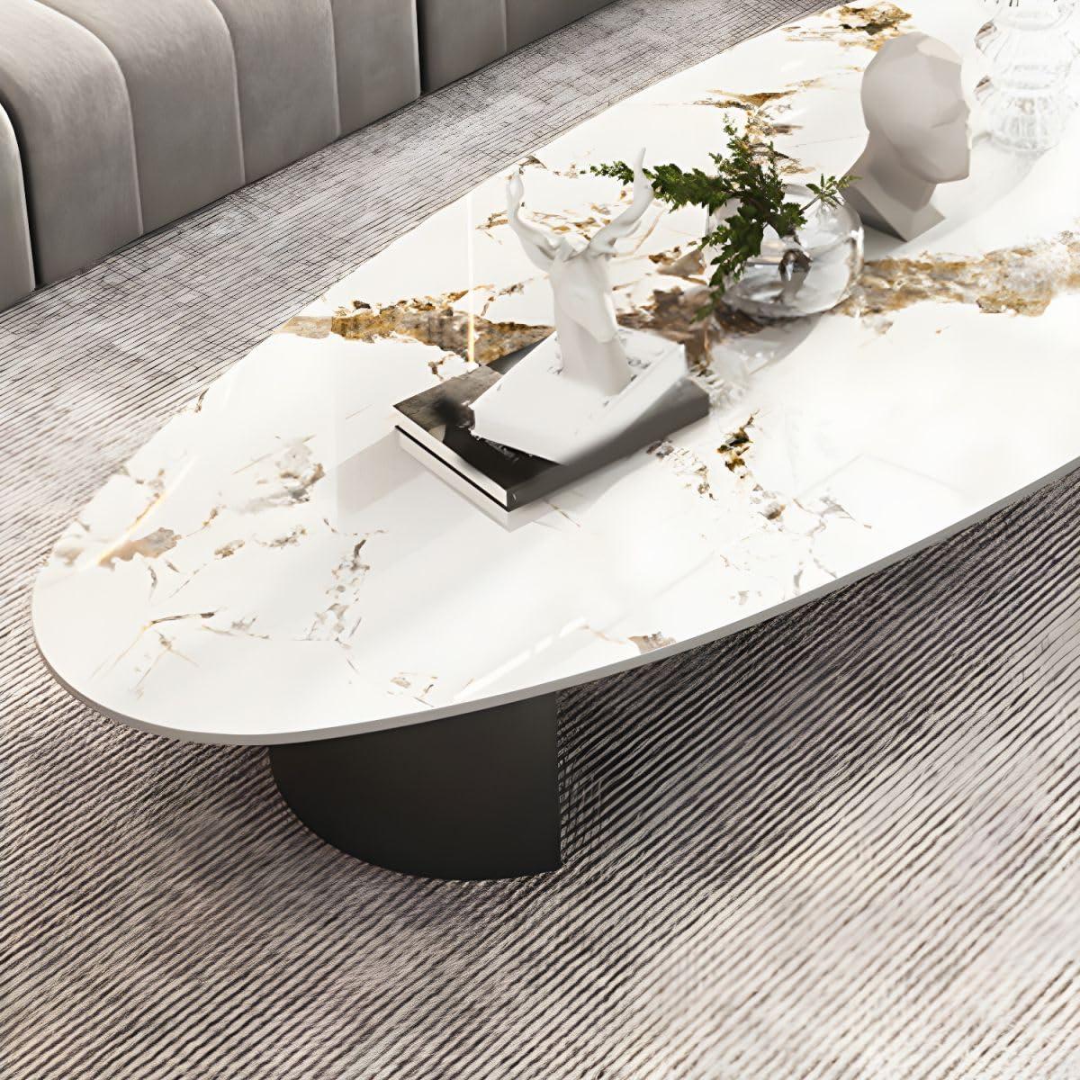 LAKIQ LAKIQ Modern Oval Coffee Table White Slate Stone Top Living Room Center Table with Double Pedestal Metal Base (Without Storage Drawers, Gloss White-55 L x 27.5\" W x 16\" H)