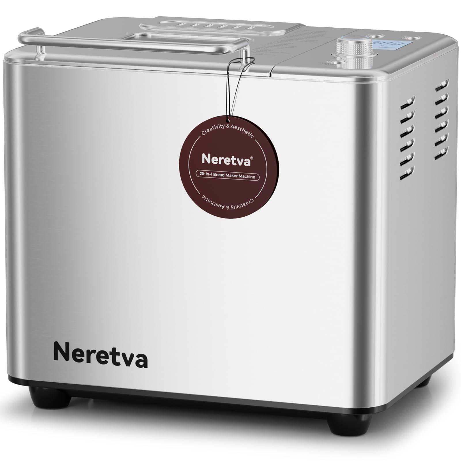Neretva Neretva Bread Maker, [20-IN-1 & Dual Heater & 2LB]Smallest Size Bread Machine Nonstick Ceramic Pan Bread Maker Machines All Metal for Gluten Free/Dough Maker/French/Dried Meat Floss/Jam/Yogurt(Silver)