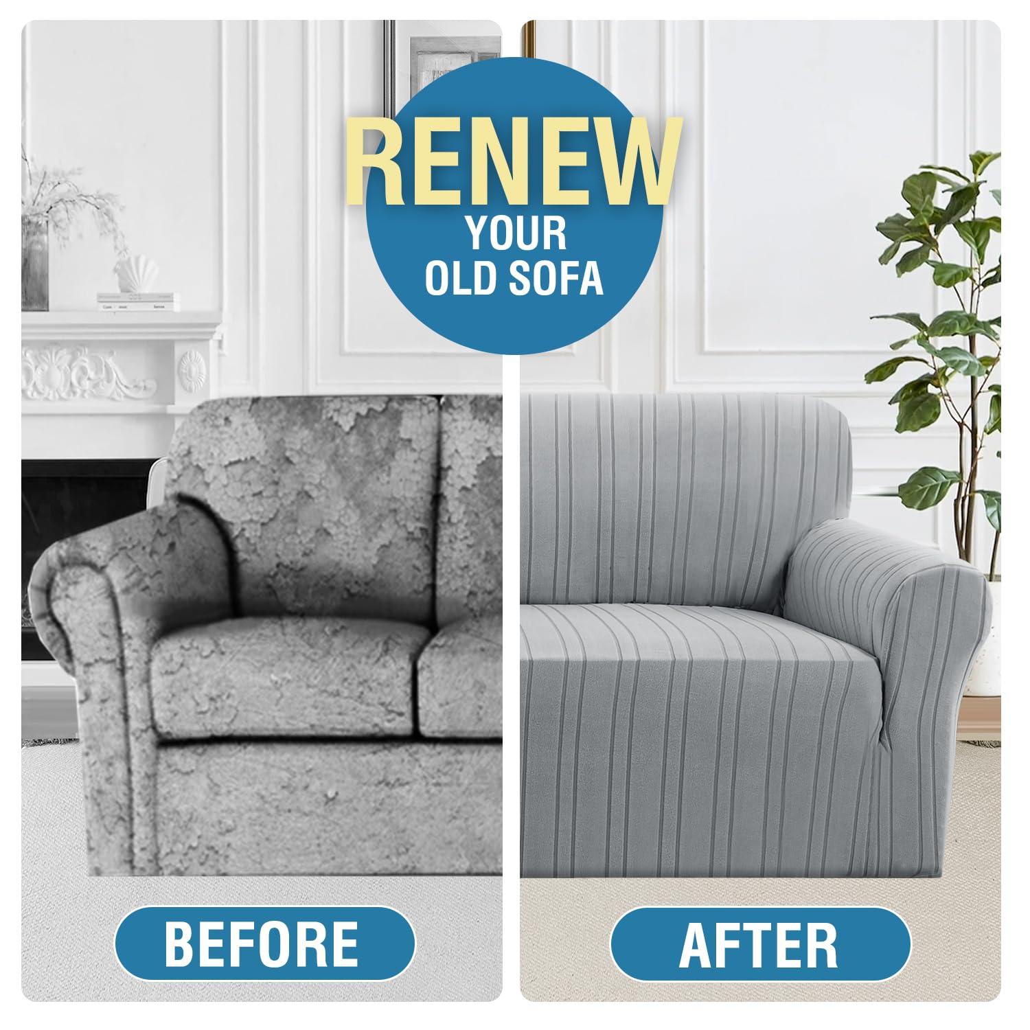 H.VERSAILTEX H.VERSAILTEX High Stretch Sofa Slipcover 1-Piece Couch Cover Non Slip Sofa Cover with Elastic Bottom Thick Soft Sofa Covers Washable Polyester Spandex Jacquard Fabric Stripe Design(Sofa, Dove)