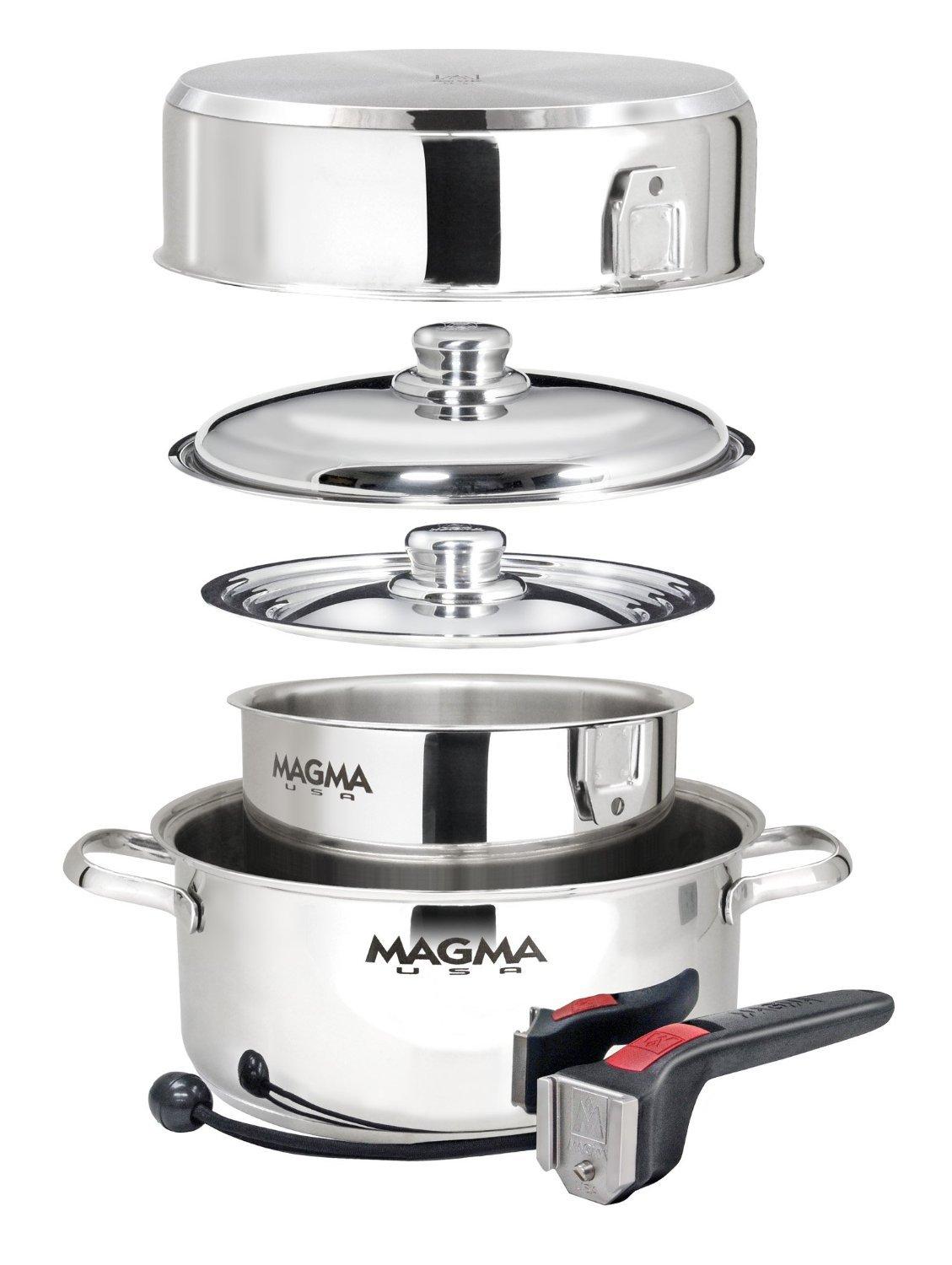 MAGMA Magma 7 Piece Gourmet Nesting Stainless Steel Cookware Set, Induction Compatible, Oven Safe to 500F - Suitable for All Stovetops, Removable Handles, Black