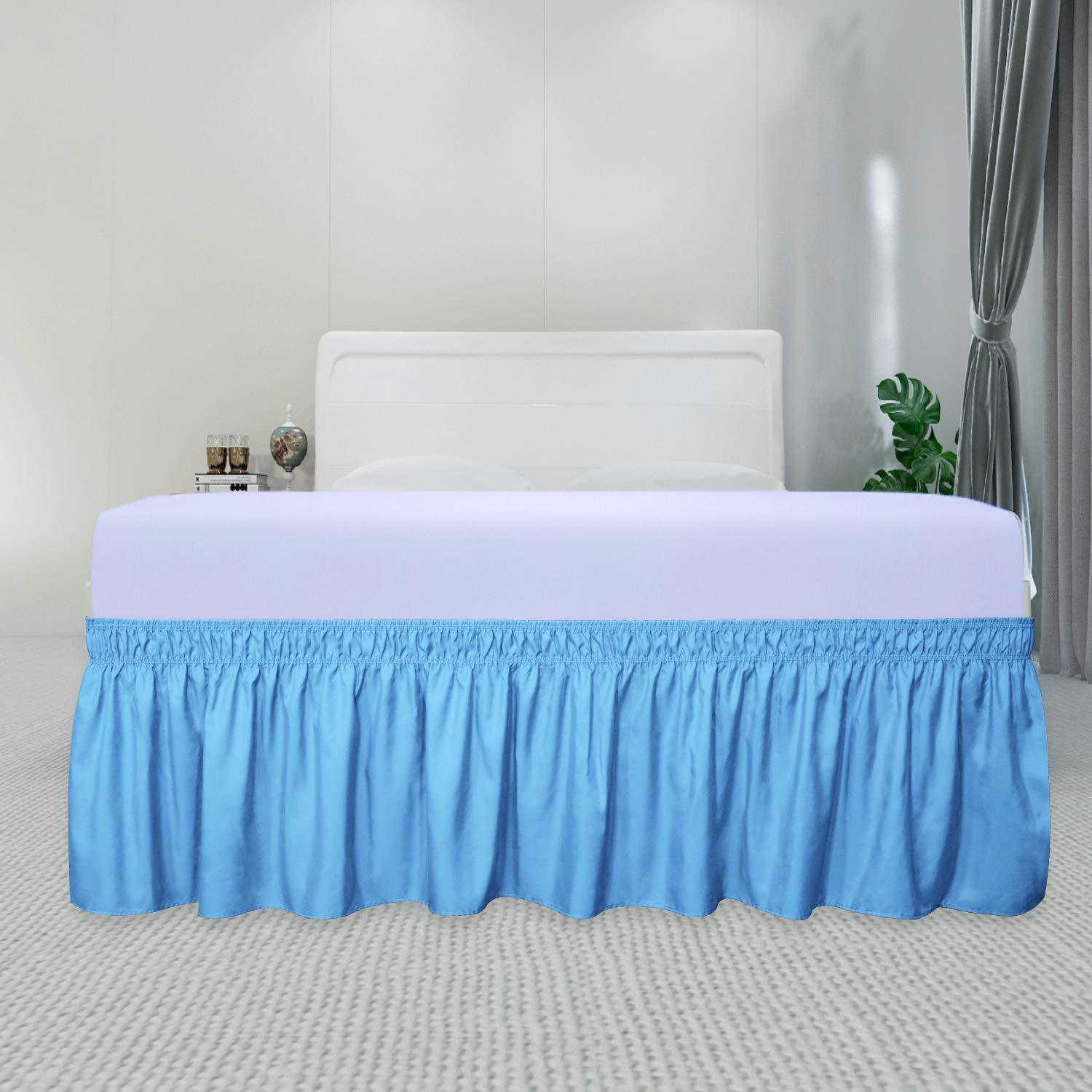 Lotus Bedding Light Blue Wrap Around Ruffled Bed Skirt with Adjustable Elastic Belt Full XL - 20\" Drop Length Wrinkle Free Bedskirt Dust Ruffles