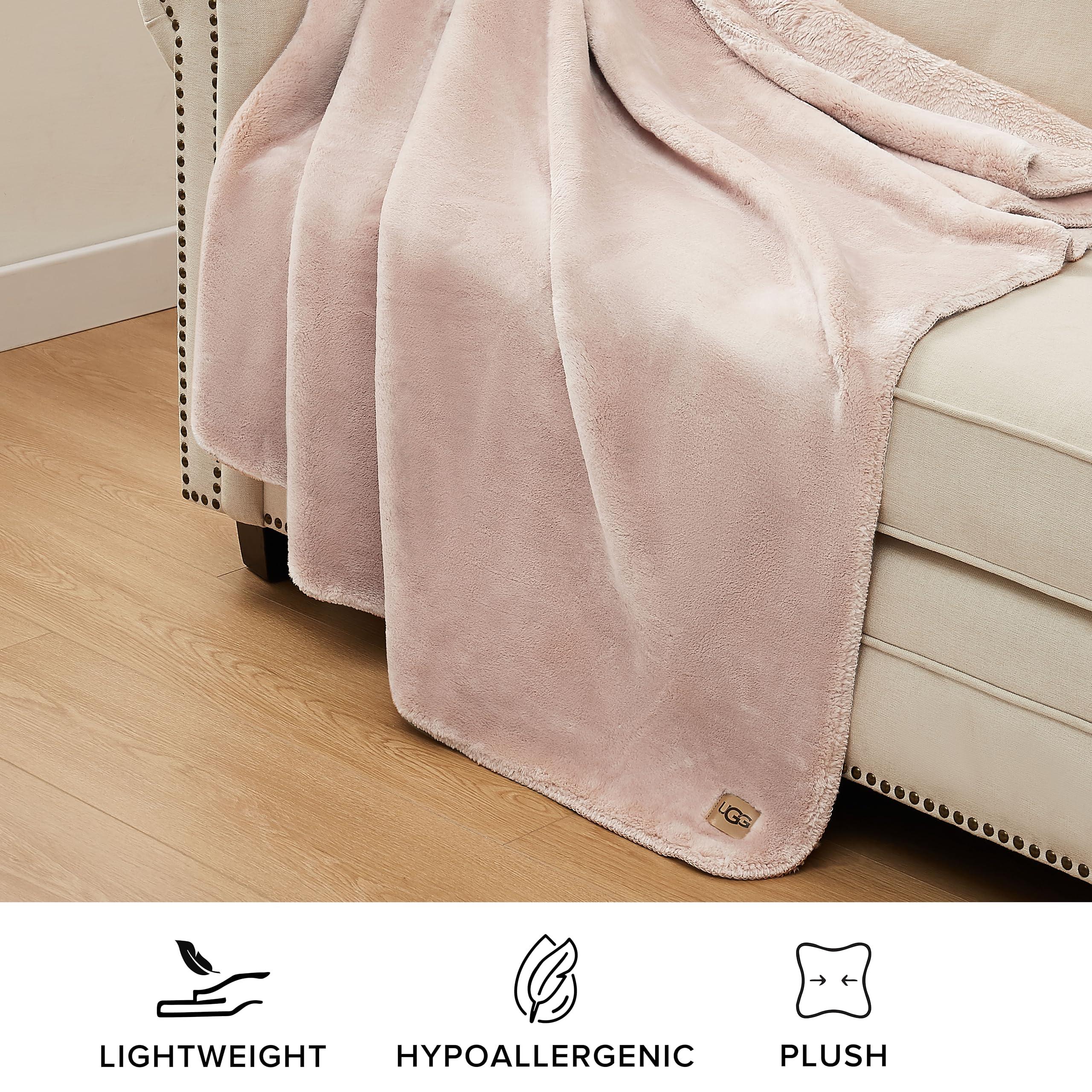UGG UGG Whitecap Plush Throw Blanket Fleece Lightweight Soft Cozy Throw for Couch Luxury Home Decor for Living Room Machine Washable Hypoallergenic Flannel Blankets, 50-inch x 70-inch, Light Pink Quartz