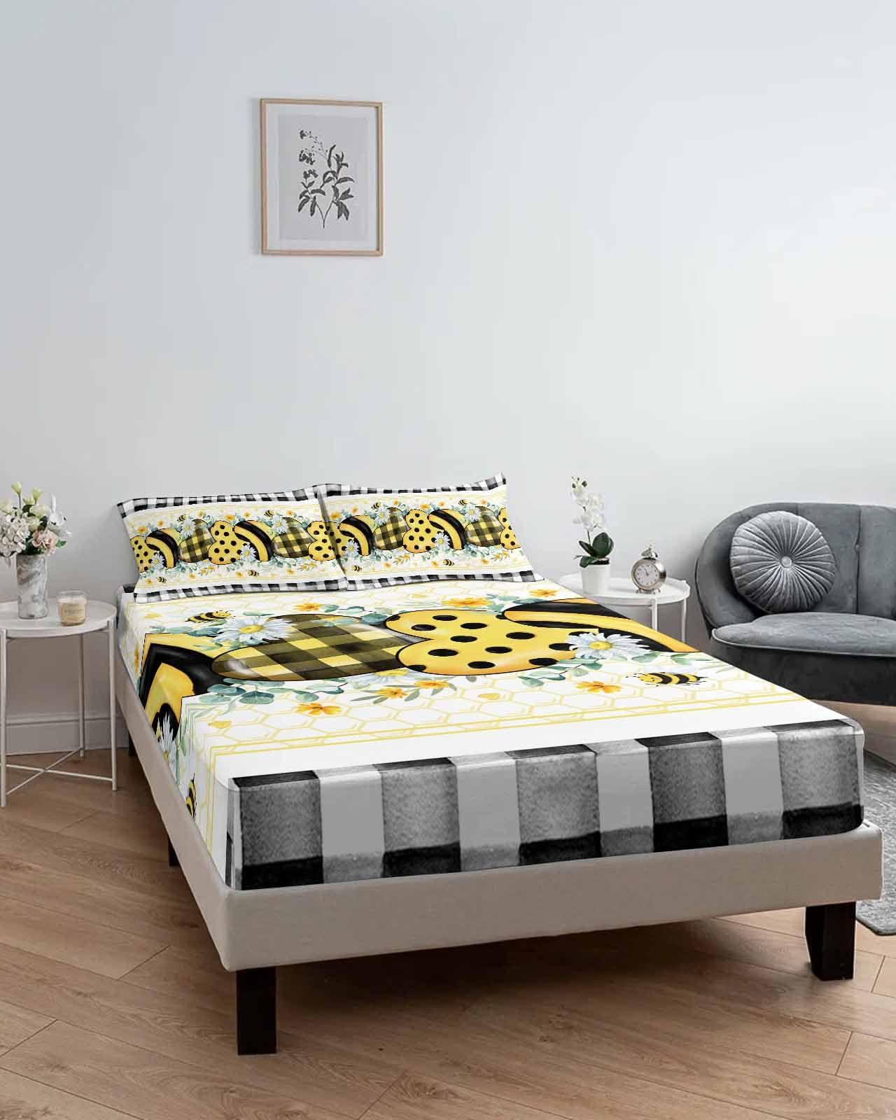 Alandar Home Cal King Fitted Bed Sheet Deep Pocket,Summer Daisy Bee Love Heart Eucalyptus Leaves Bedding Sheet Soft Brushed Microfiber Fitted Sheets,Black White Plaid Hotel Fitted Bottom Sheet with Pillowcase Set