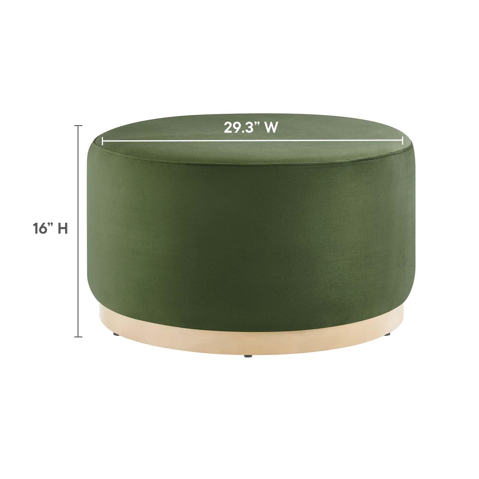 Modway Modway Tilden 29 Inch Round Performance Velvet Upholstered Ottoman in Moss Green Natural - Round Ottoman Coffee Table for Living Room - Large Ottoman Foot Rest with Rubberwood Plinth Base