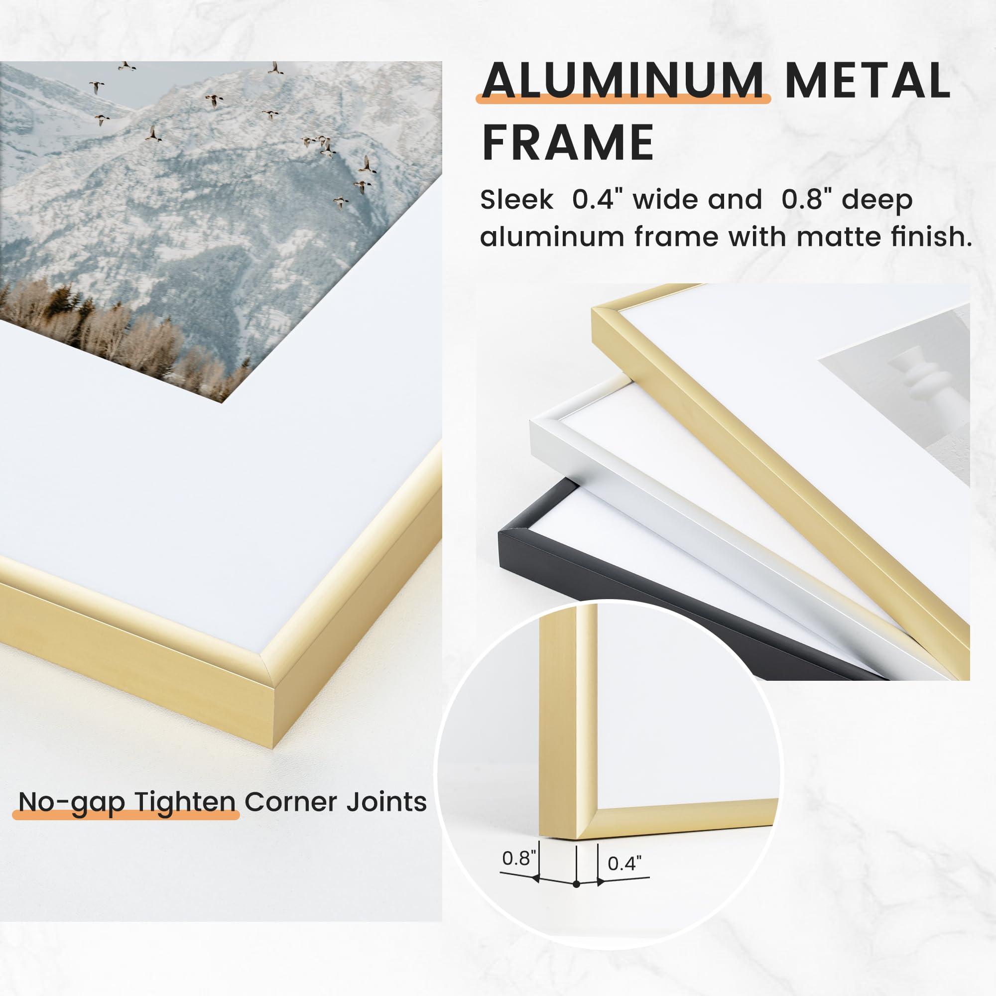 Venusmiles 18x24 inch Metal Poster Frame - 18 x 24 Thin Aluminum Picture Frames Matted for 16x20 Photos, Artworks, Prints, Puzzle - High Definition Plexiglass - Vertical and Horizontal Display - Wall Hook Hanging Hardware Included - Gold, Set of 4