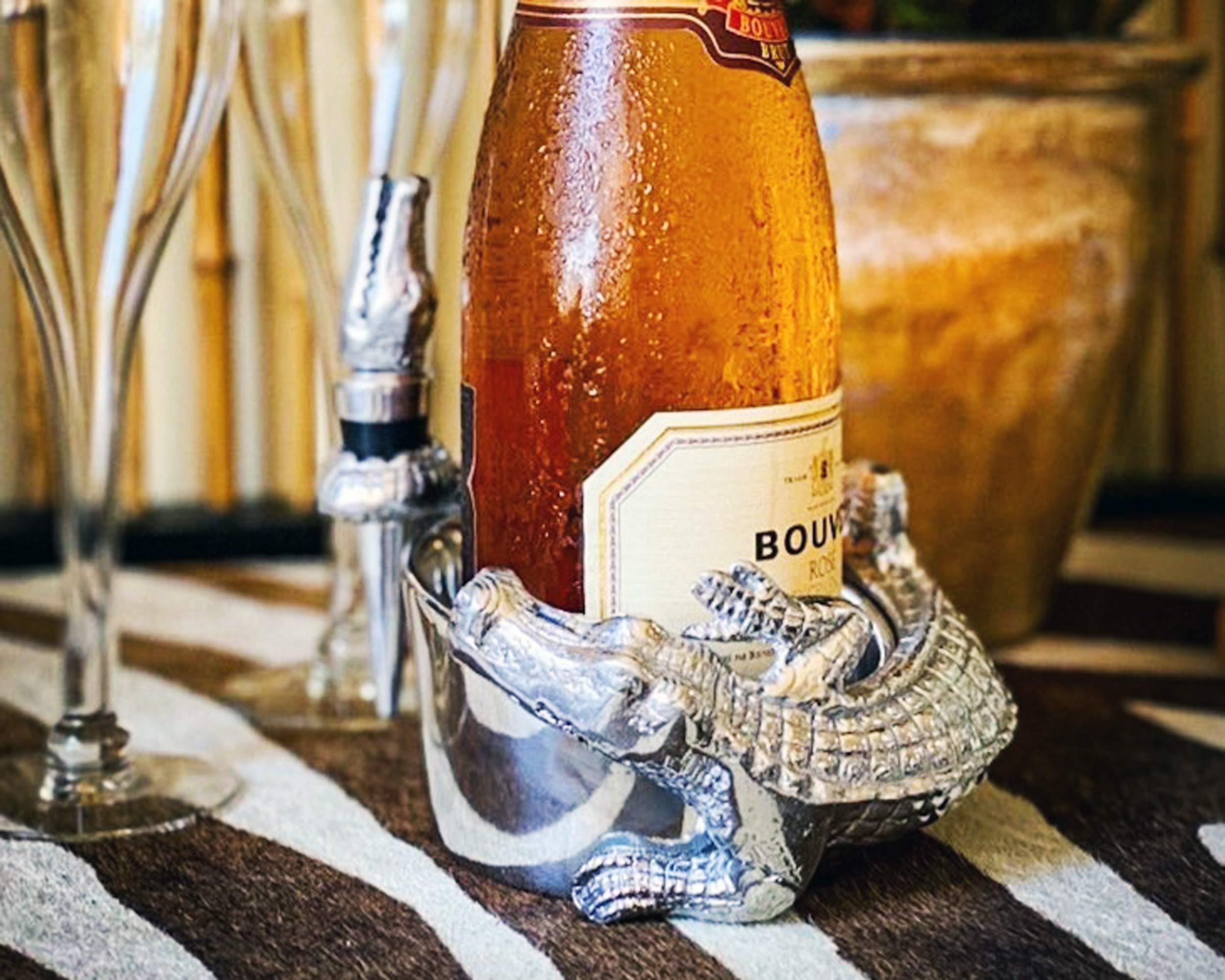 Arthur Court Arthur Court Designs Aluminum Alligator Wine Coaster / Holder and Bottle Stopper Set Gator Florida Décor 4 inch Diameter 3.5 inch Tall