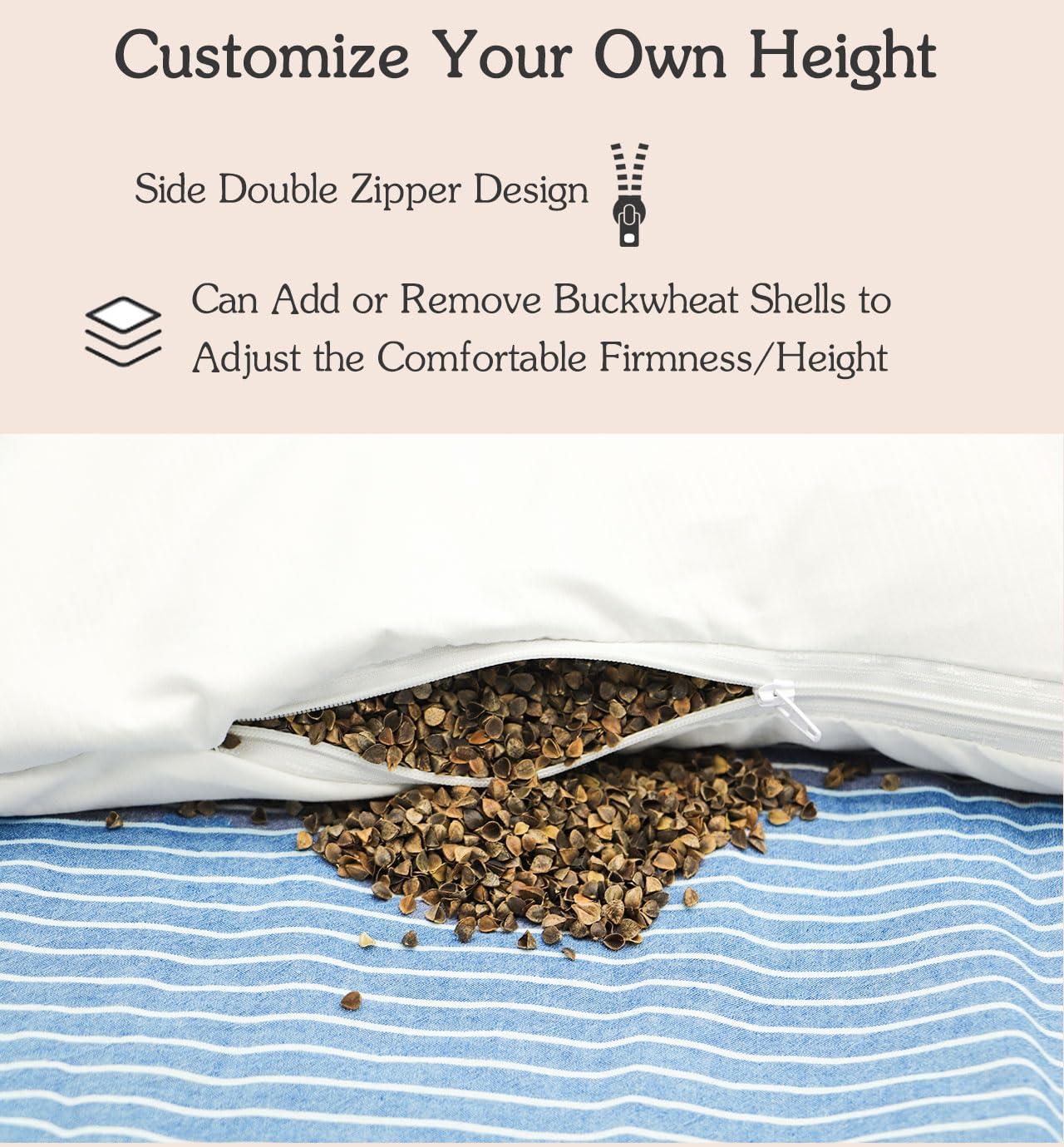 EDMILE EDMILE Buckwheat Bed Pillows for Sleeping, Firm Adjustable Pillow for Neck Pain Relief, Hard Flat Neck Support Pillow, Buckwheat Hull Meditation Cushion with Pillowcase, Blue 24\"X14\"