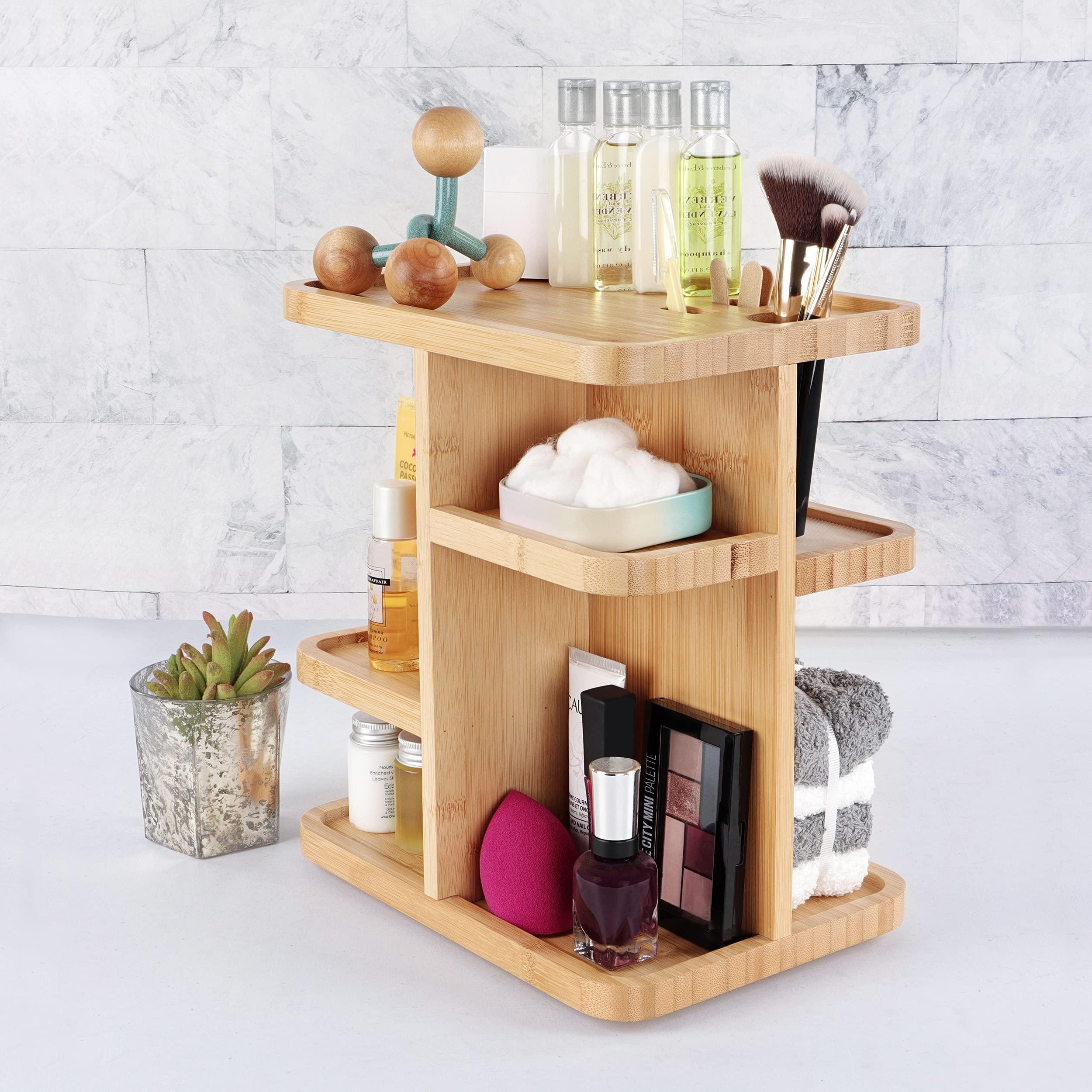 7Penn 7Penn Bathroom Cosmetic Organizer Countertop Rotating Makeup Display - 11in Bamboo Bathroom Tower Shelf 2 Tier Organizer