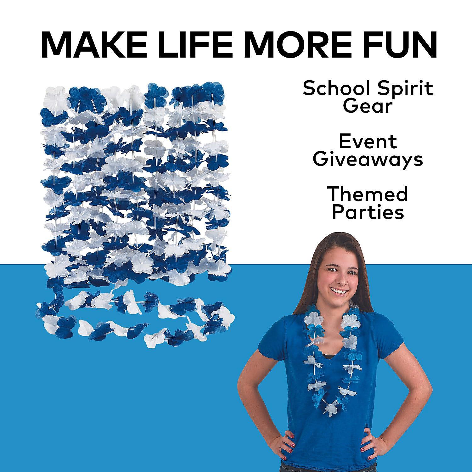Fun Express Blue and White Hawaiian Flower Leis - Set of 12 - Luau, Party and School Spirit Supplies