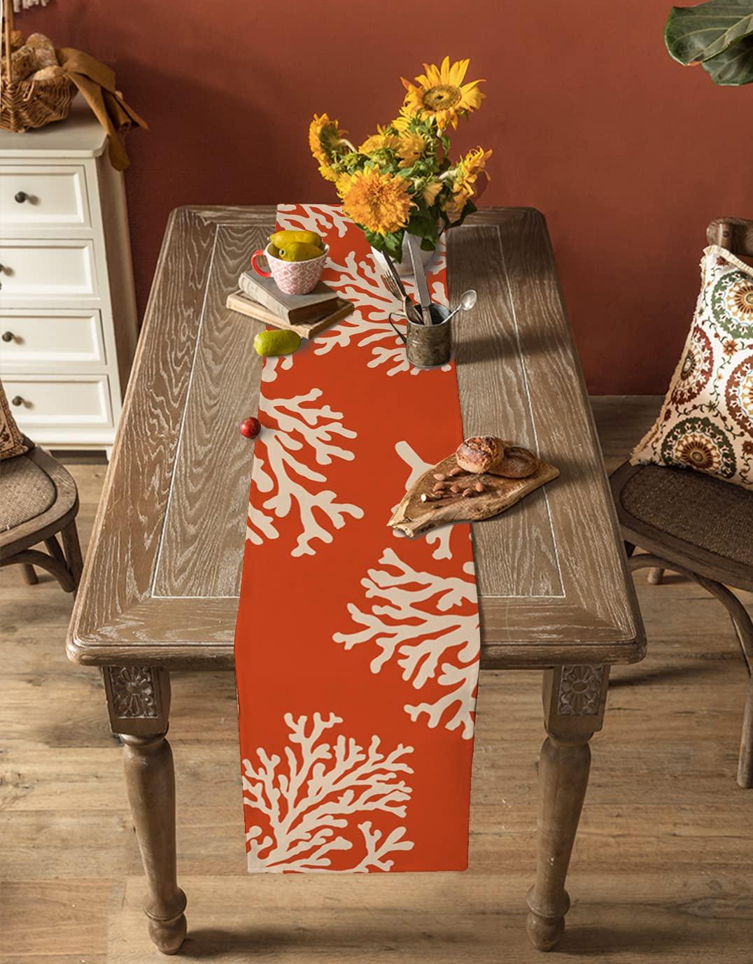 RisQiten RisQiten Orange Coral Table Runner - 60 Inch Long Coastal Summer Beach Nautical Seaside Cotton and Linen Blended Dress Scarves Farmhouse Table Runner for Kitchen Dining, Coffee Table, 13\" x 60\"