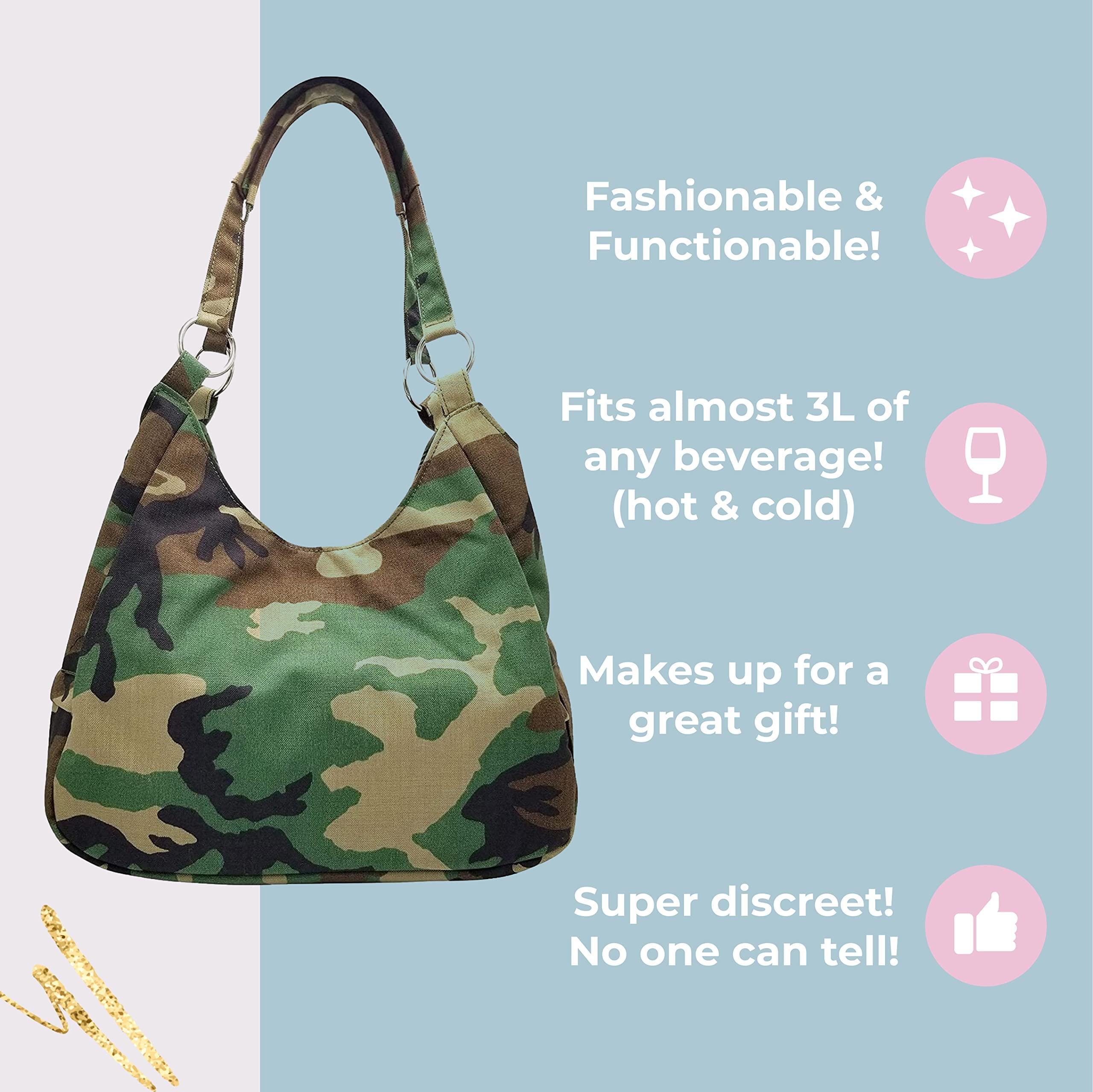 PortoVino PortoVino Swankey Camo Beverage Wine Tote with Hidden, Insulated Flask Compartment Wine Dispenser, Holds and Pours 4 bottle of Wine from Cooler! Perfect for Traveling, Concerts, Bachelorette Party!