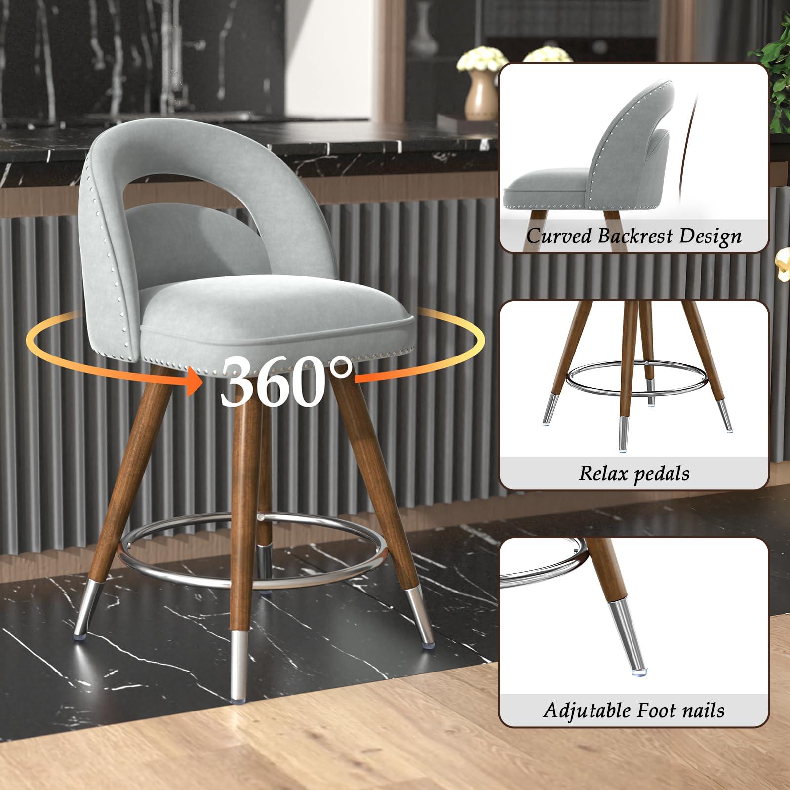 GYI GYI Counter Height Bar Stools Set of 2, 24 Inch Swivel Velvet Counter Stools with Backs, Solid Wood Legs for Kitchen Island, Velvet in Light Grey
