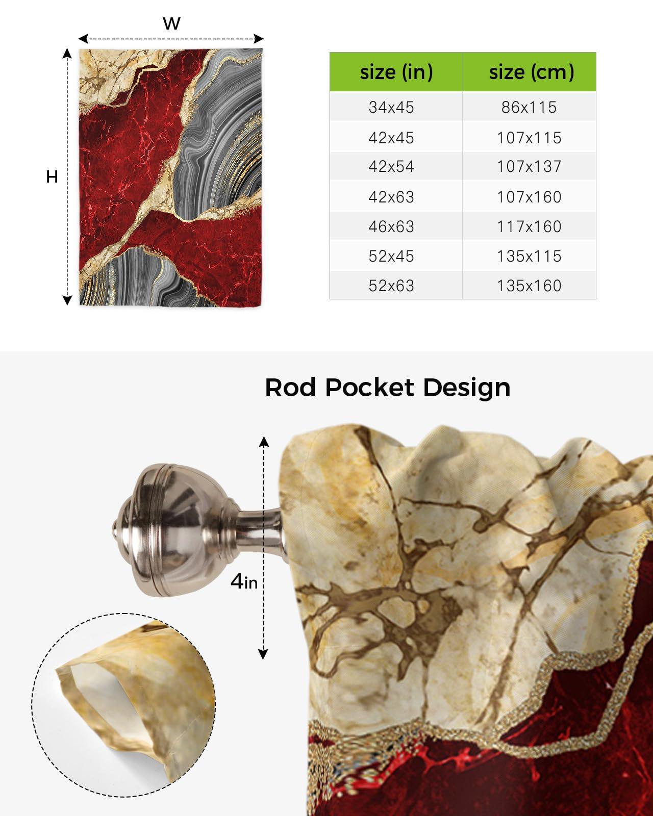 Yukro Tie Up Curtains Window Shades, Abstract Red Grey Gold Marble Rod Pocket Tie Up Window Shade, Adjustable Balloon Curtain Shade for Blinds Kitchen Bathroom, 1 Panel, 52"x45"