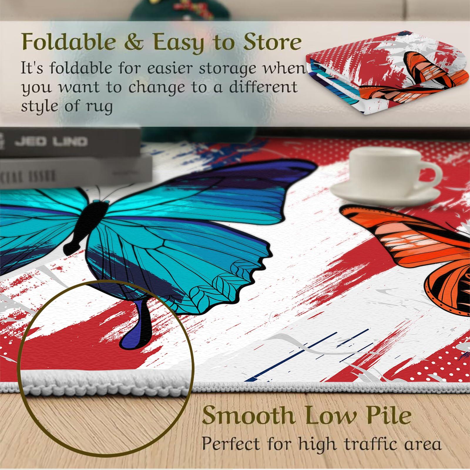 RUHEYIA Butterfly Area Rug, Watercolor Butterfly Carpet for Bedroom, with Non-Slip Backing Ideal Washable Flannel Carpet for Girl Living Room Office Home8 x 10ft